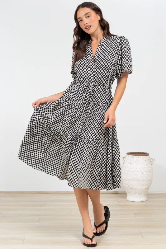 Vania Midi Dress - Tiered Buttoned Down Dress with Matching Belt in Hexy Print Black sold by Salty Crush