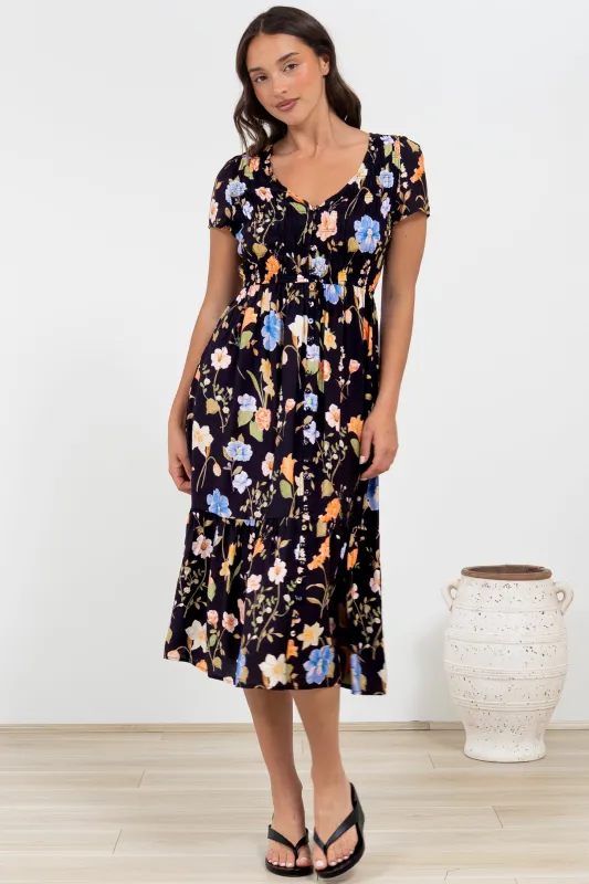 Blissful Midi Dress - A-Line Dress with Shirred Bodice and Short Sleeves in Talita Print Black sold by Salty Crush