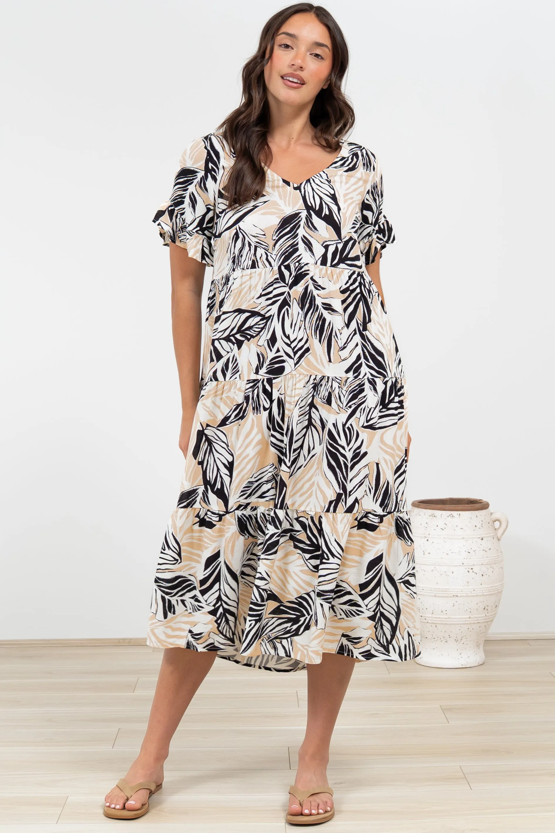 Audrina Midi Dress - V-Neck Tiered Linen Dress with Pockets in Chicago Print sold by Salty Crush product image thumbnail 3