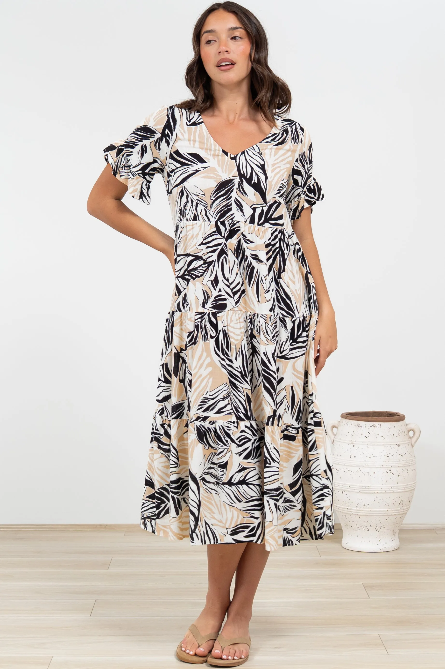 Audrina Midi Dress - V-Neck Tiered Linen Dress with Pockets in Chicago Print sold by Salty Crush product image thumbnail 5