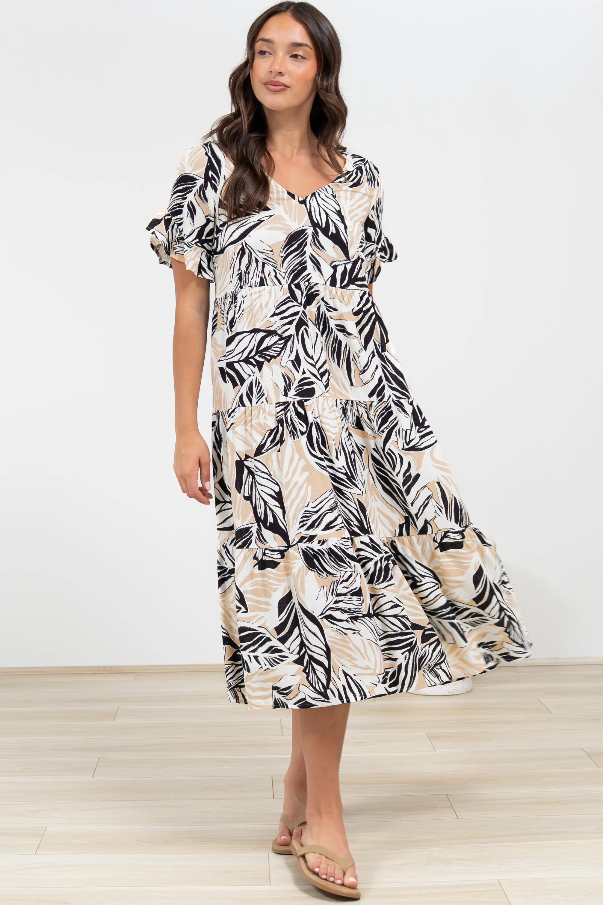 Audrina Midi Dress - V-Neck Tiered Linen Dress with Pockets in Chicago Print sold by Salty Crush product image thumbnail 2