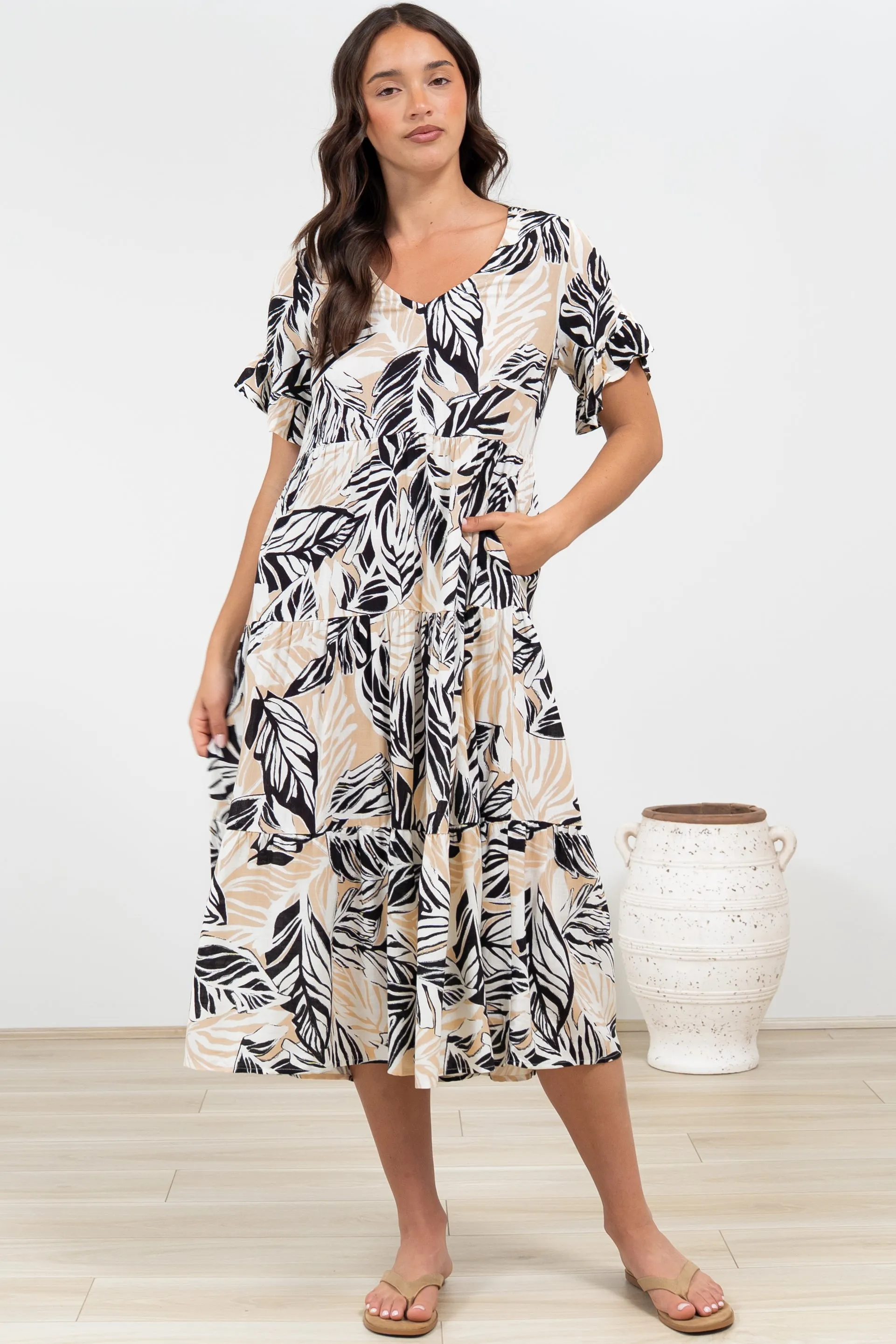 Audrina Midi Dress - V-Neck Tiered Linen Dress with Pockets in Chicago Print sold by Salty Crush