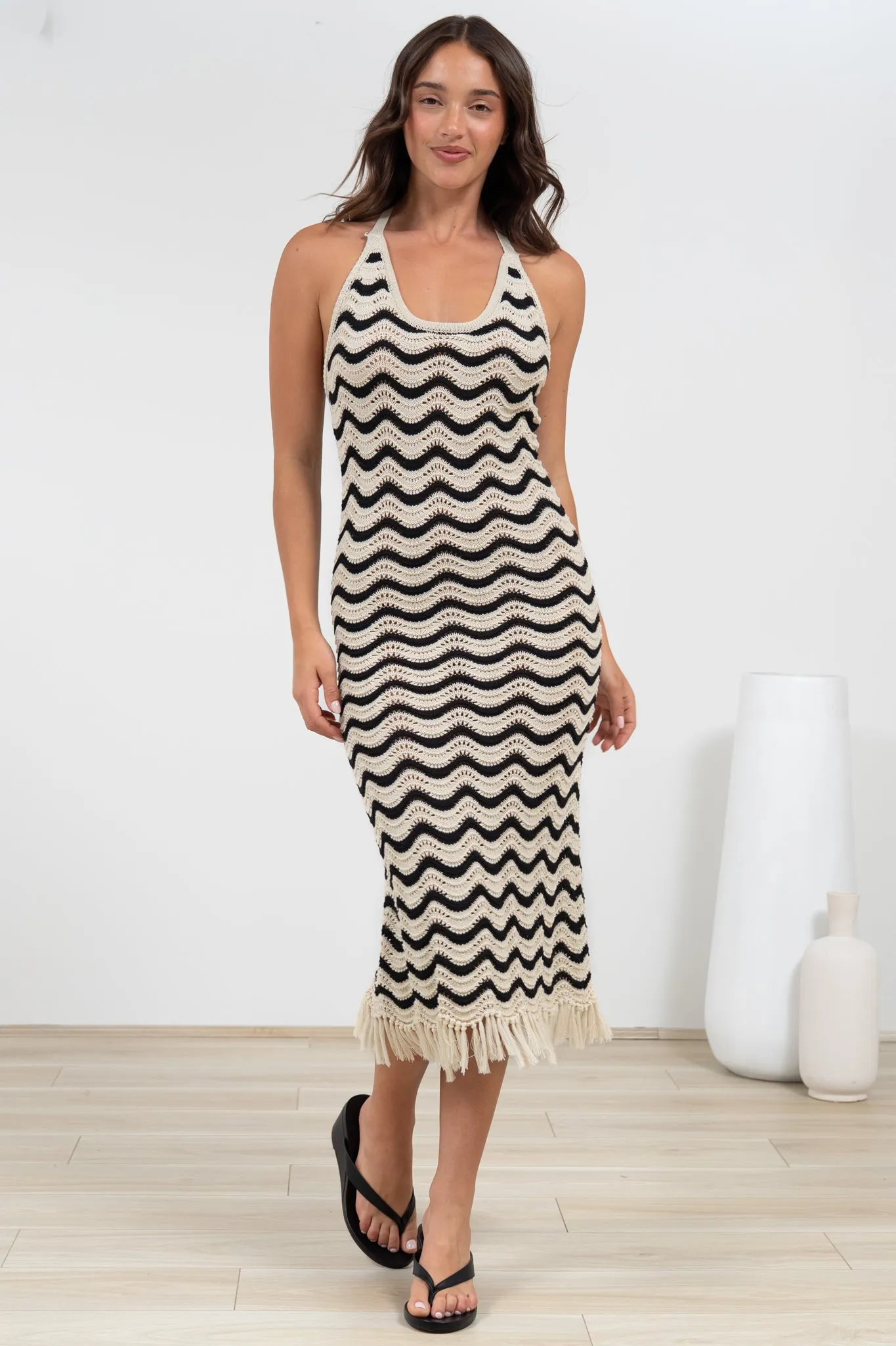 Izumi Maxi Dress - Halter Neck Knit Dress with Tassel Hemline in Black/Cream sold by Salty Crush product image thumbnail 4