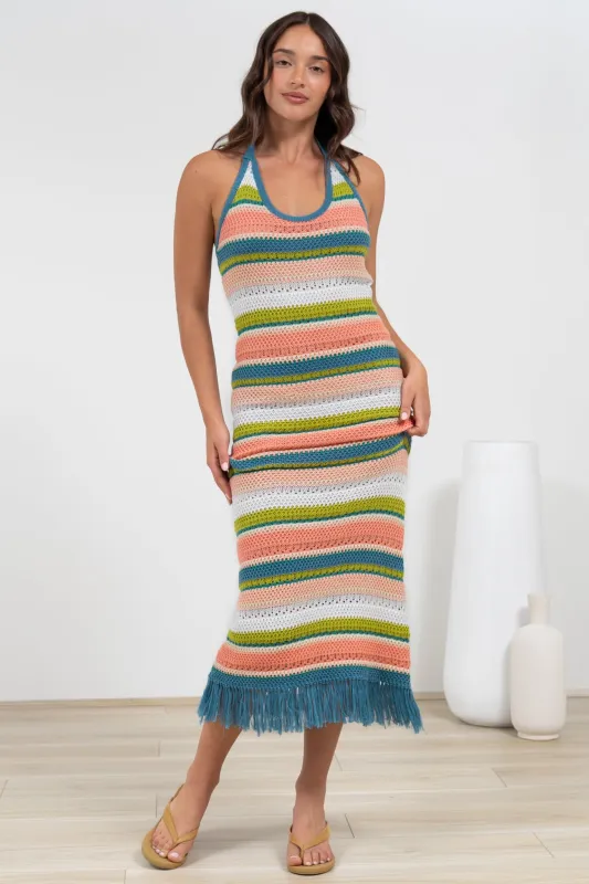 Izumi Maxi Dress - Halter Neck Knit Dress with Tassel Hemline in Rainbow sold by Salty Crush