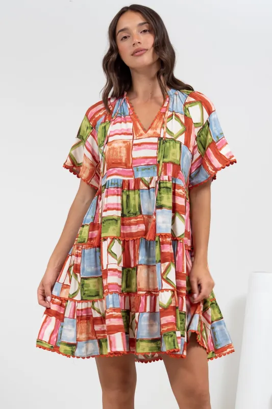 Ginley Mini Dress - V-Neck Scallop Spliced Tiered Dress in Tami Print sold by Salty Crush