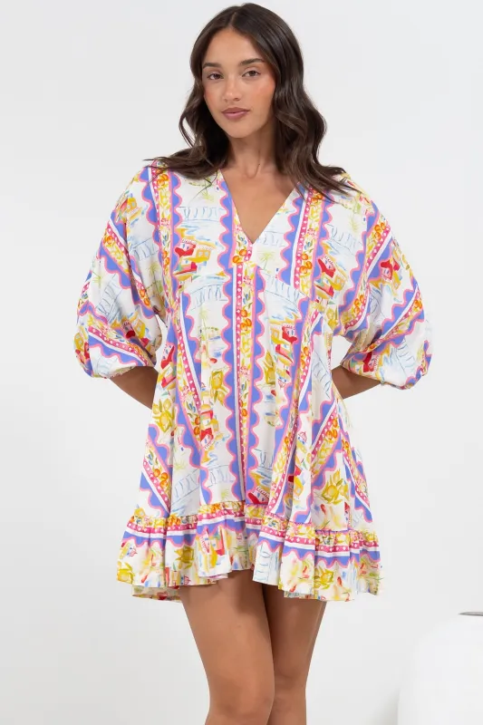 Annika Mini Dress - V-Neck Empire Line Dress with Balloon Sleeves in Wavey Print sold by Salty Crush