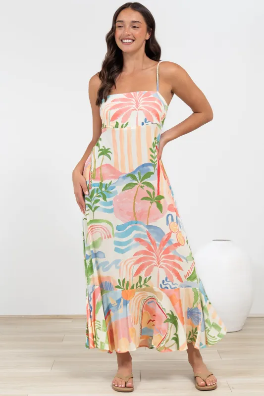 Rinna Midi Dress - Adjustable Strap with Tie Back Sun Dress in Anika Print sold by Salty Crush