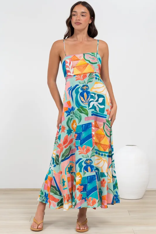 Rinna Midi Dress - Adjustable Strap with Tie Back Sun Dress in Edel Print sold by Salty Crush