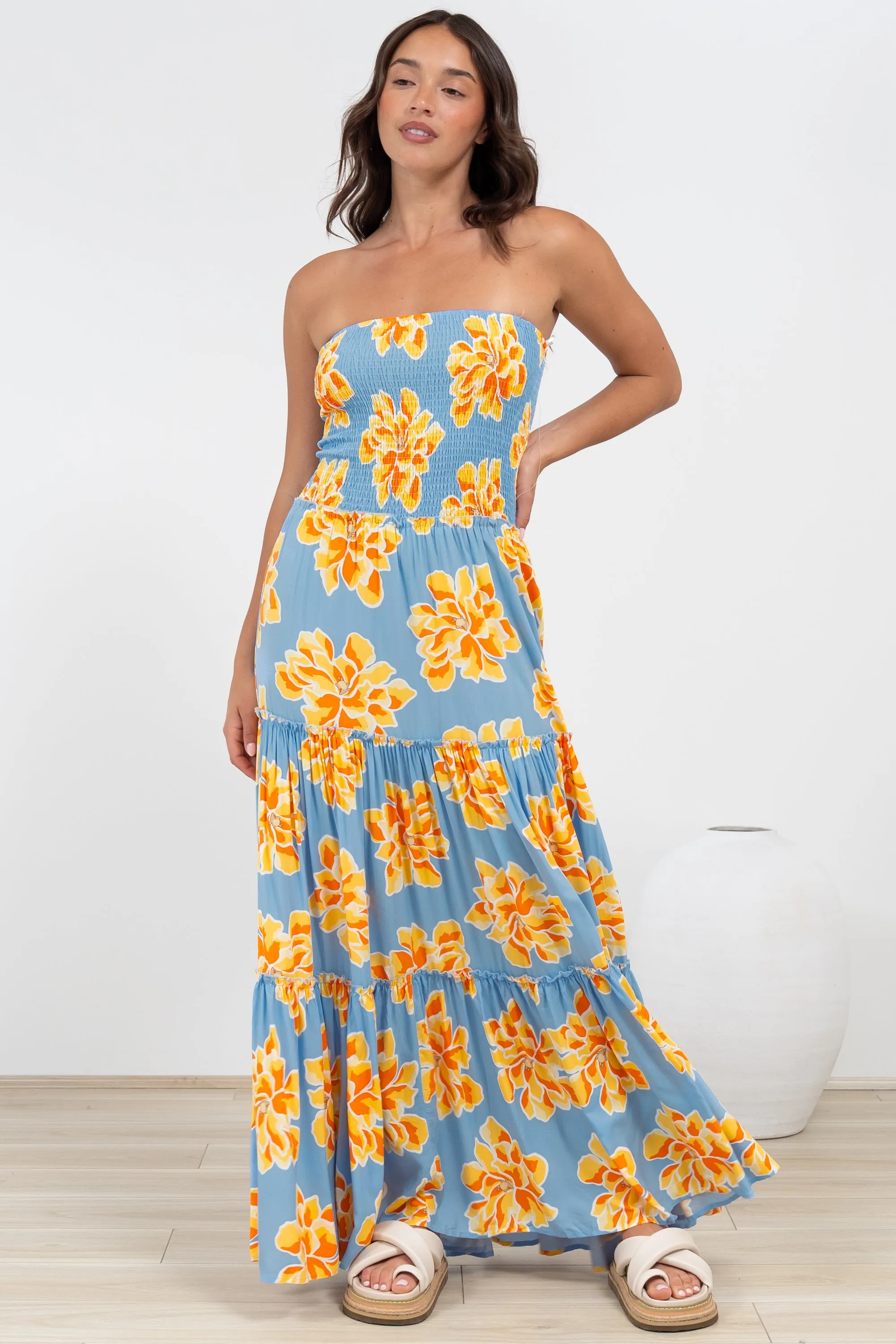 Rhea Maxi Dress - Strapless Ruffle Spliced Tiered Dress in Alba Print Blue sold by Salty Crush product image thumbnail 5