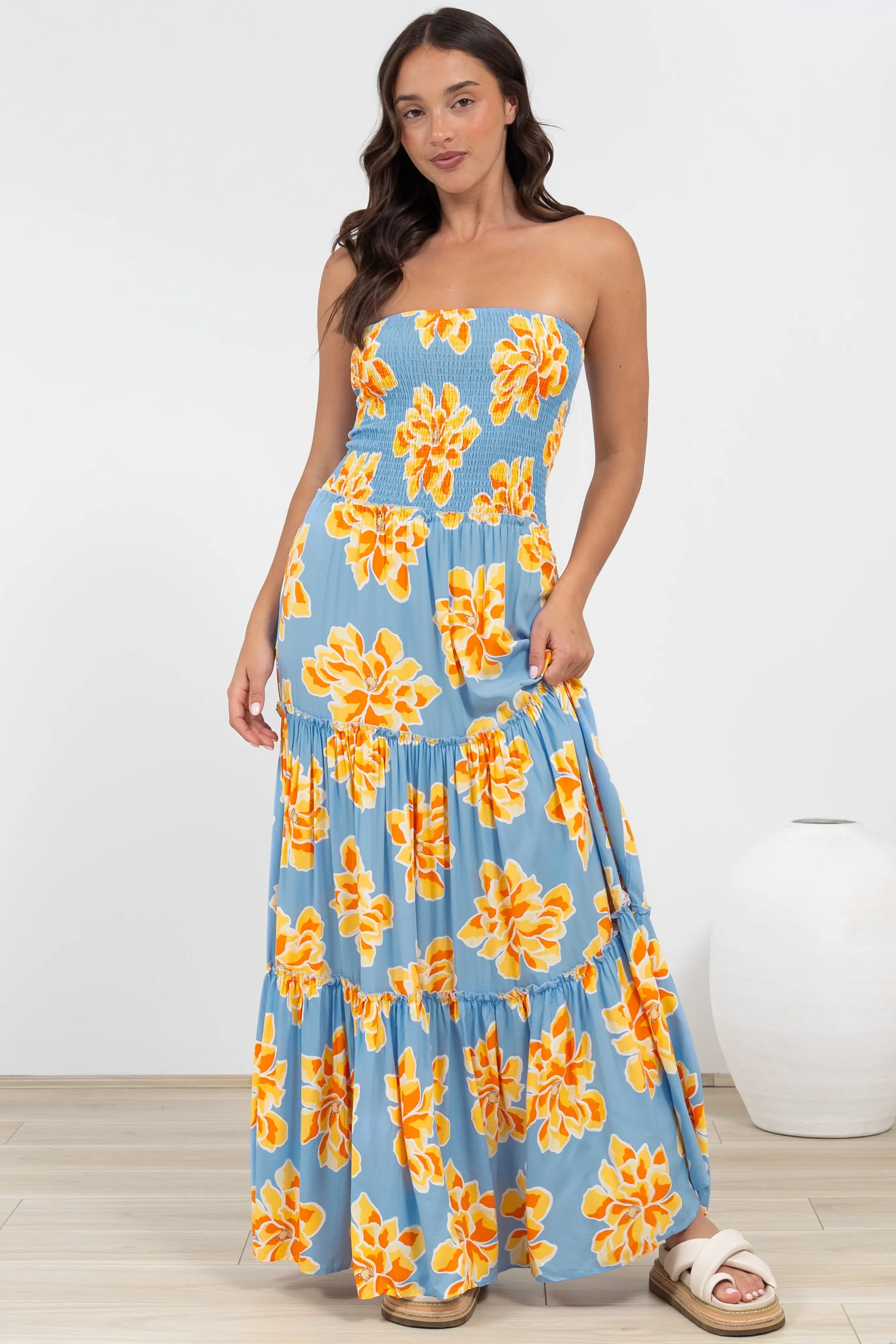 Rhea Maxi Dress - Strapless Ruffle Spliced Tiered Dress in Alba Print Blue sold by Salty Crush product image thumbnail 2