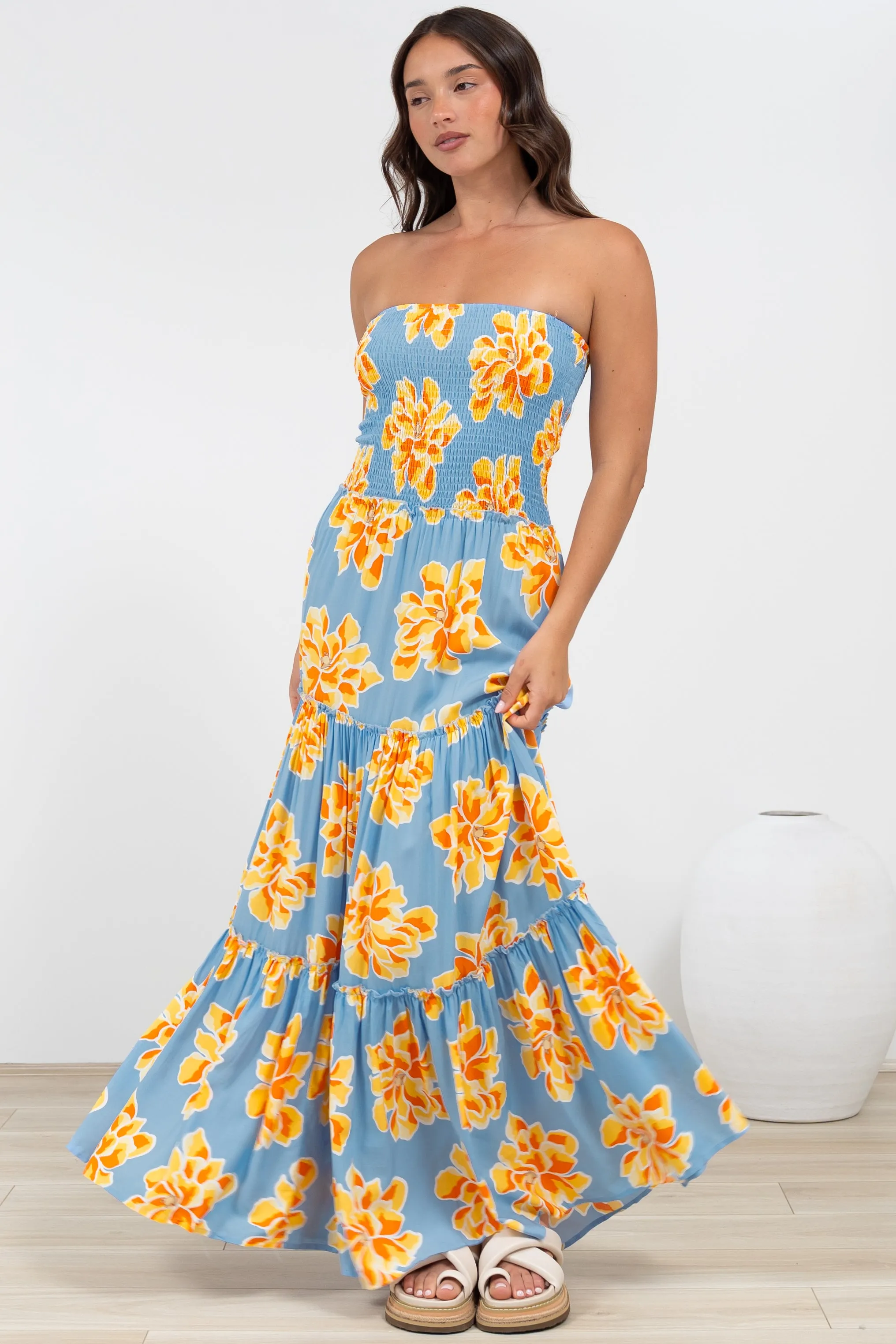 Rhea Maxi Dress - Strapless Ruffle Spliced Tiered Dress in Alba Print Blue sold by Salty Crush product image thumbnail 3