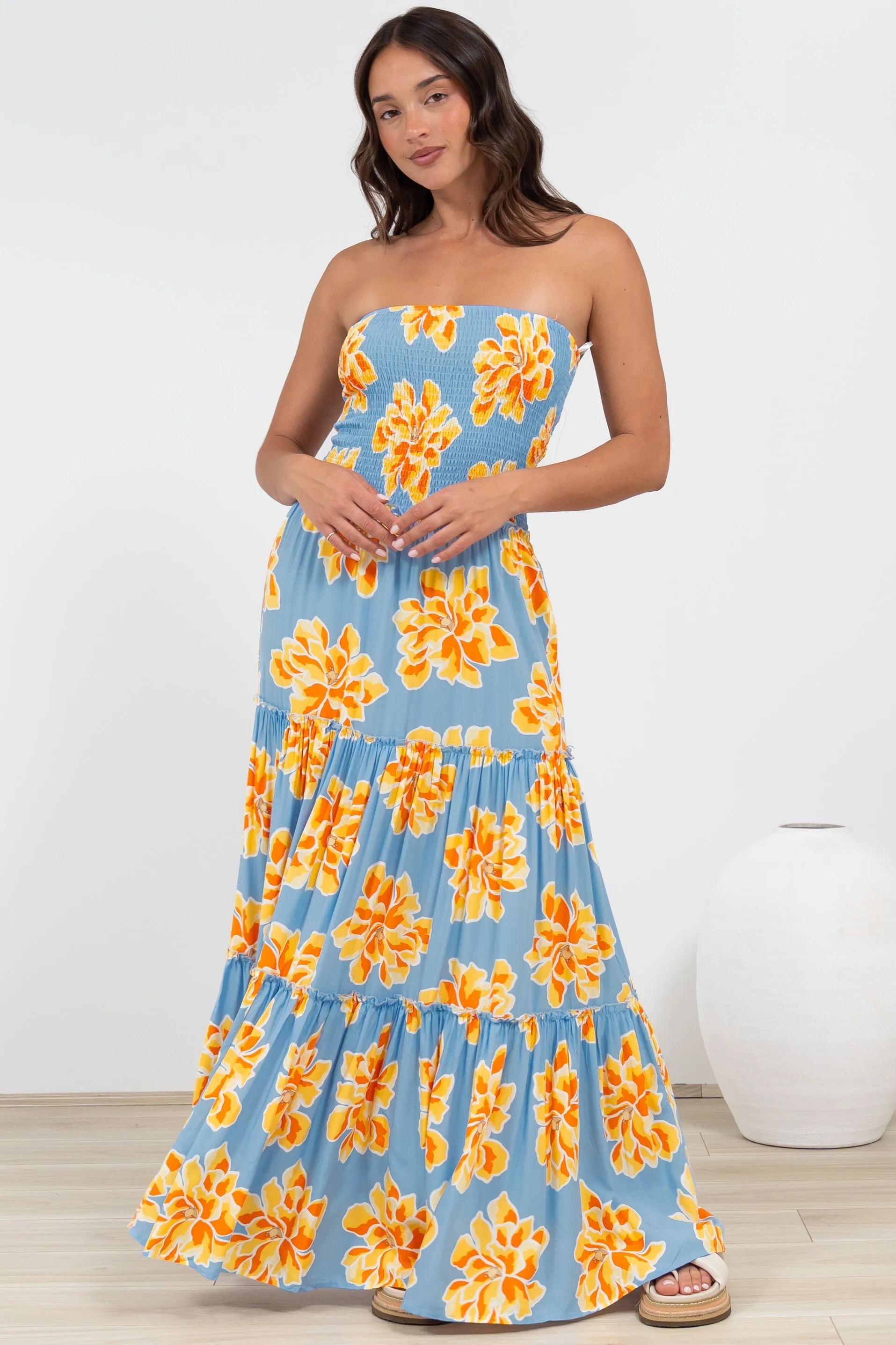 Rhea Maxi Dress - Strapless Ruffle Spliced Tiered Dress in Alba Print Blue sold by Salty Crush product image thumbnail 4