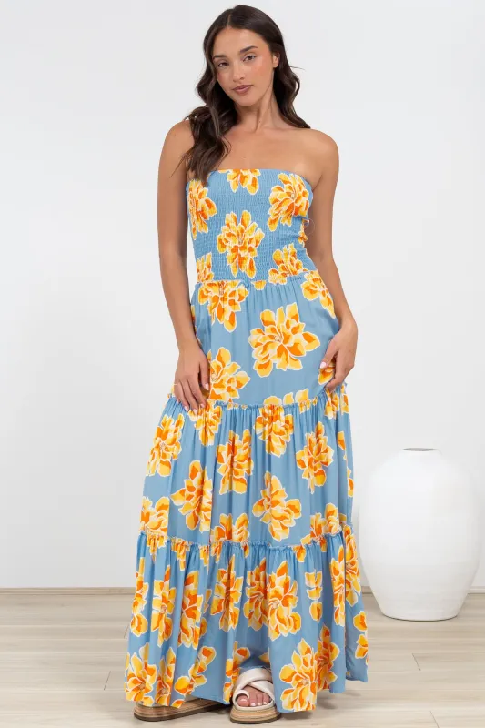Rhea Maxi Dress - Strapless Ruffle Spliced Tiered Dress in Alba Print Blue sold by Salty Crush