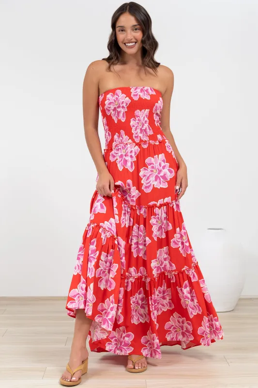 Rhea Maxi Dress - Strapless Ruffle Spliced Tiered Dress in Alba Print Red sold by Salty Crush