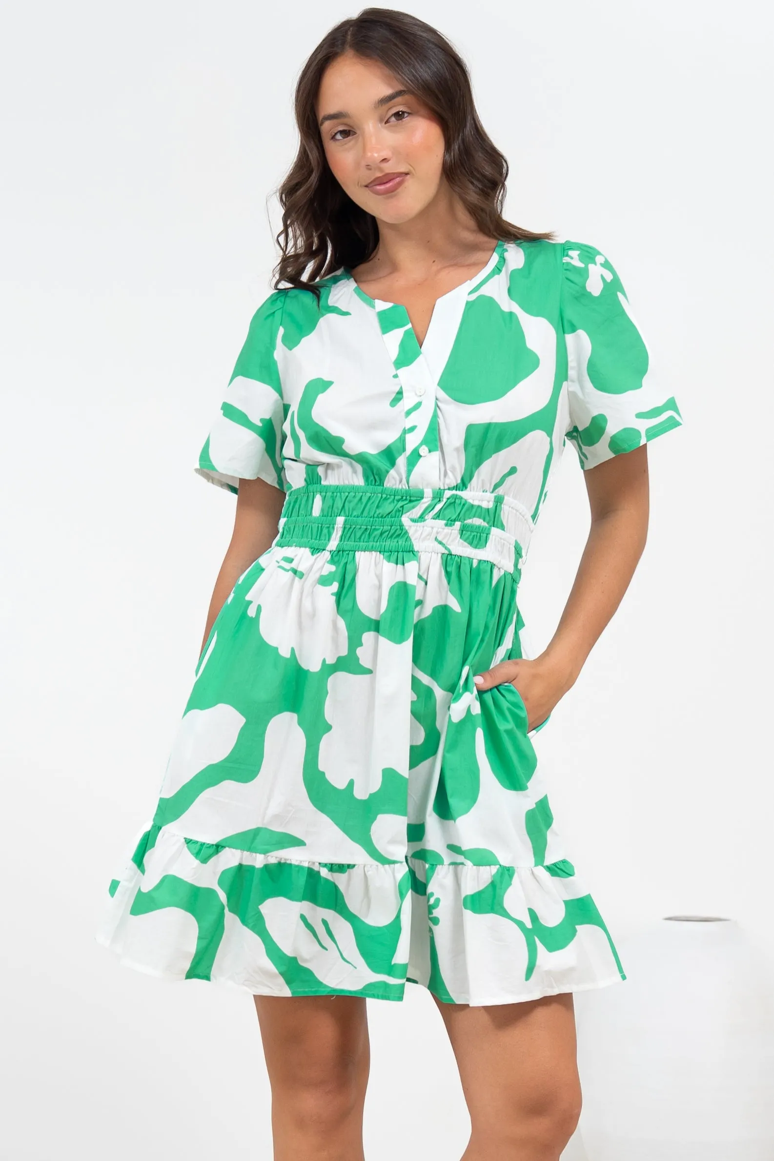 Larosa Mini Dress - Stand Collar A-Line Dress with Buttoned Bodice in Sloane Print Green sold by Salty Crush product image thumbnail 2