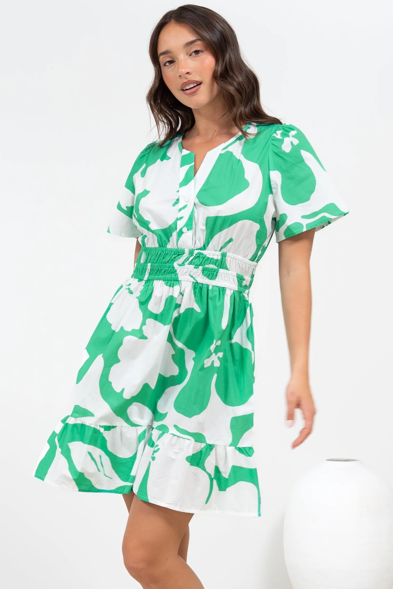 Larosa Mini Dress - Stand Collar A-Line Dress with Buttoned Bodice in Sloane Print Green sold by Salty Crush product image thumbnail 5
