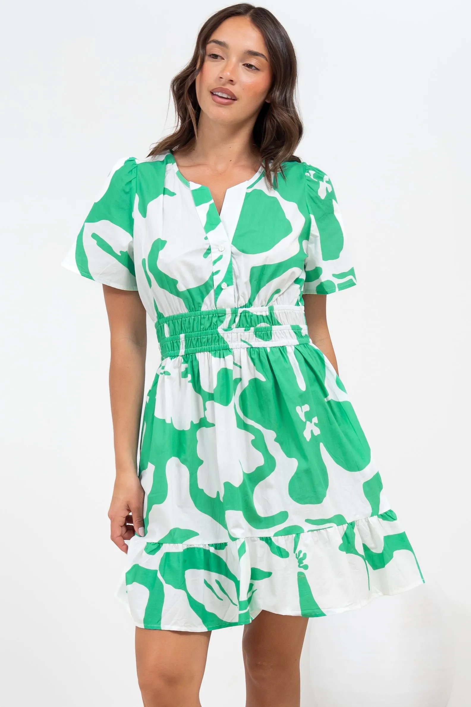 Larosa Mini Dress - Stand Collar A-Line Dress with Buttoned Bodice in Sloane Print Green sold by Salty Crush