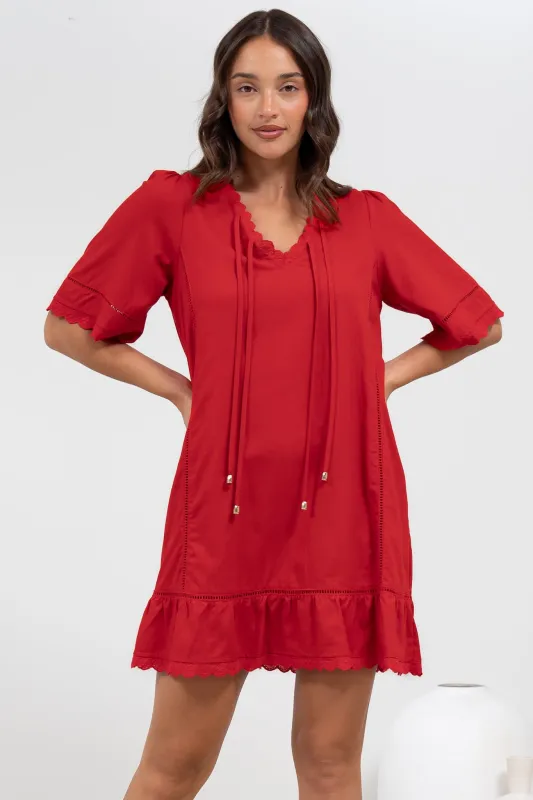 Kiki Mini Dress - V-Neck Shift Dress with Scallop Lace Hemlines in Red sold by Salty Crush