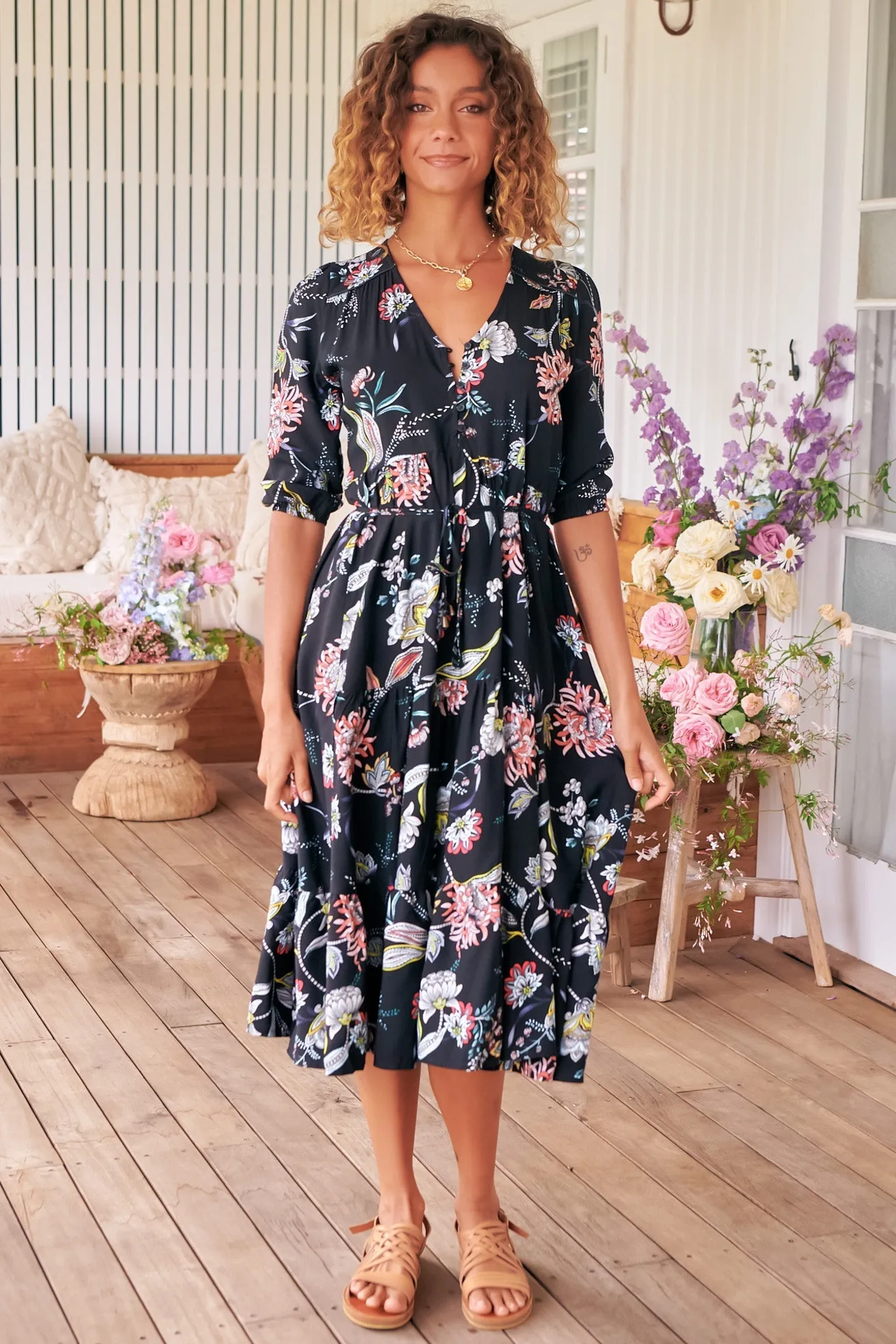 Eve Midi Dress - V Neck Tiered Dress with Option Waist Tie in Under The Stars Print sold by Salty Crush product image thumbnail 3