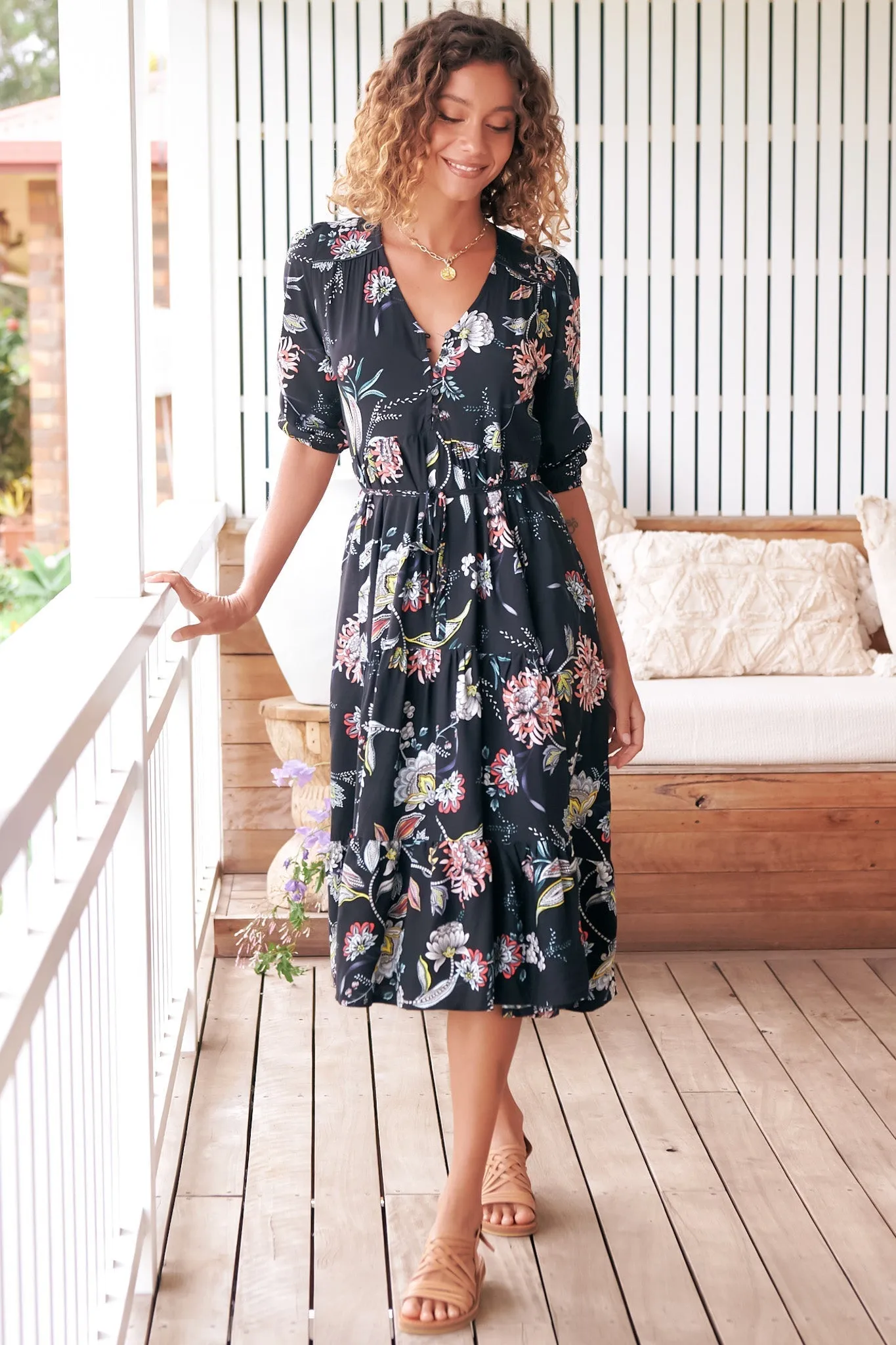 Eve Midi Dress - V Neck Tiered Dress with Option Waist Tie in Under The Stars Print sold by Salty Crush product image thumbnail 4
