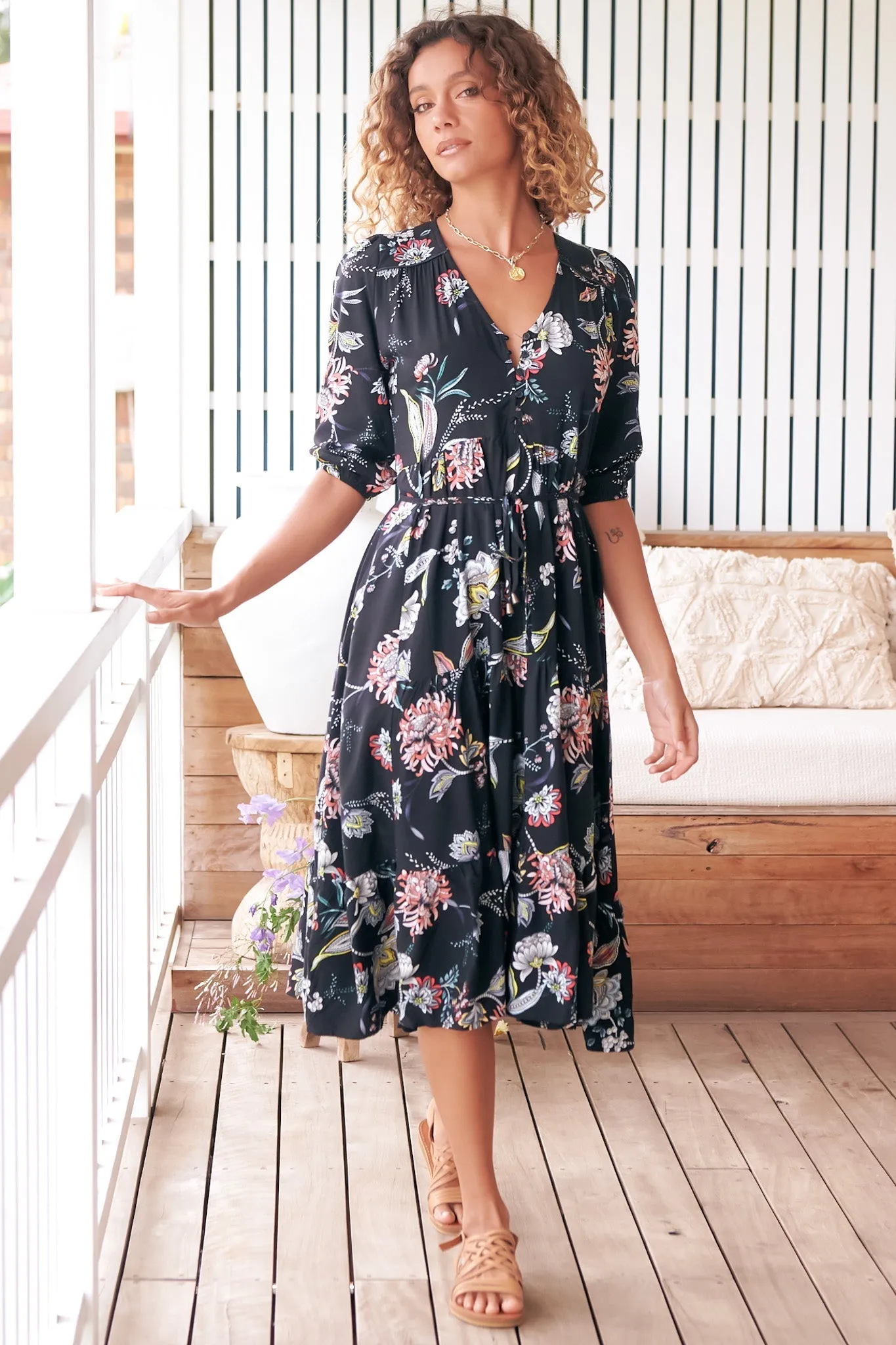Eve Midi Dress - V Neck Tiered Dress with Option Waist Tie in Under The Stars Print sold by Salty Crush