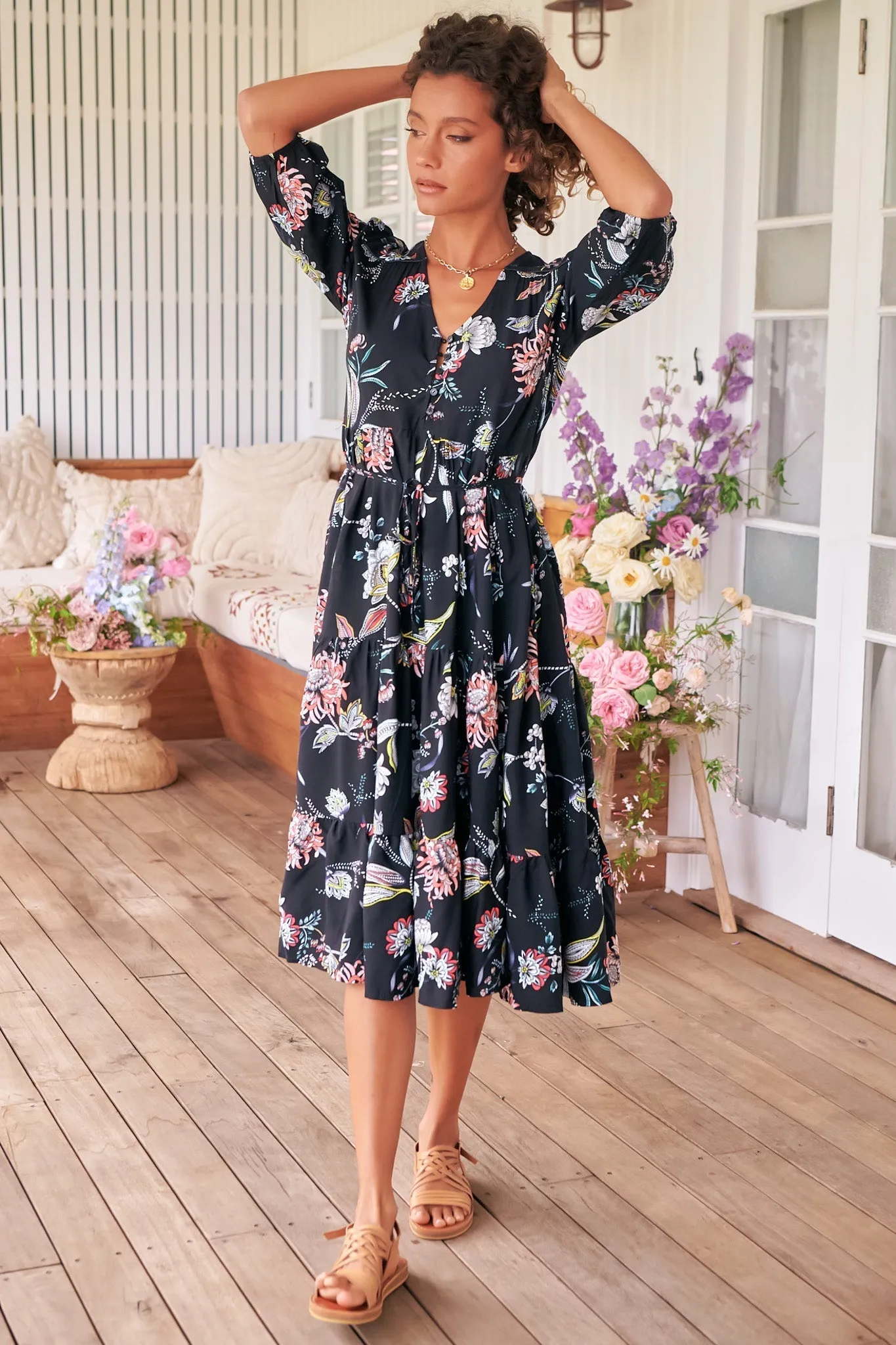 Eve Midi Dress - V Neck Tiered Dress with Option Waist Tie in Under The Stars Print sold by Salty Crush product image thumbnail 5