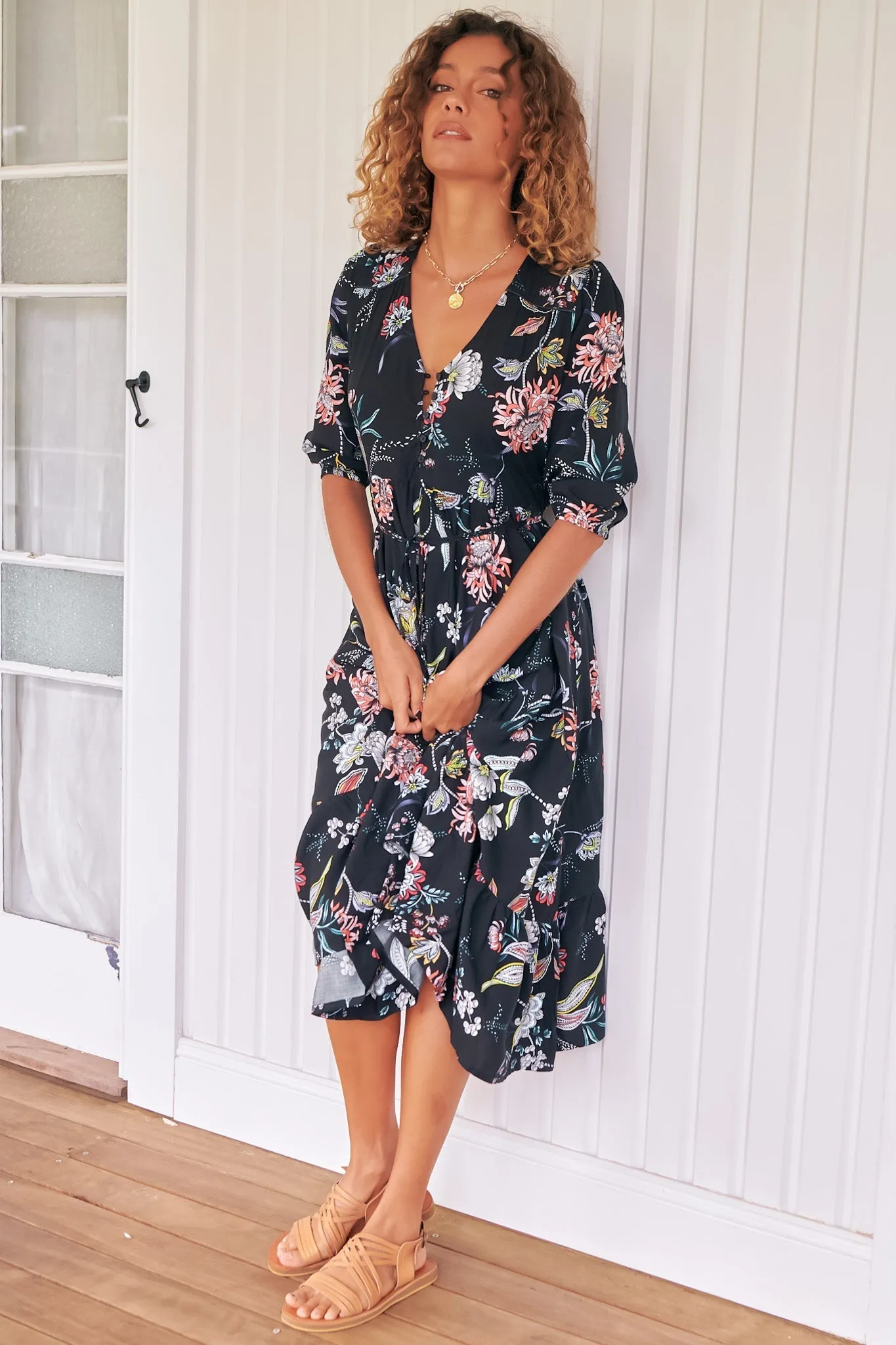 Eve Midi Dress - V Neck Tiered Dress with Option Waist Tie in Under The Stars Print sold by Salty Crush product image thumbnail 2