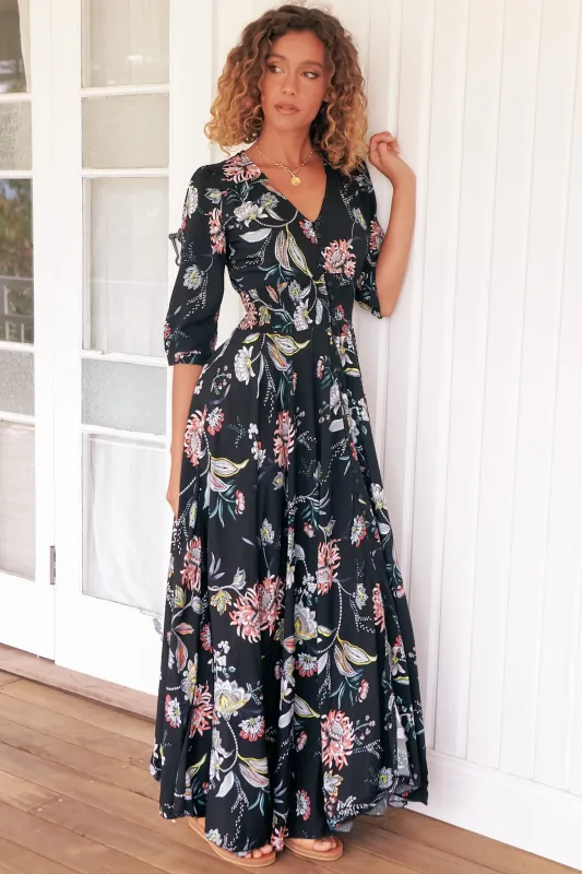 Indiana Maxi Dress - Lace Back Shirred Waist A Line Dress with Handkerchief Hemline in Under The Stars Print sold by Salty Crush