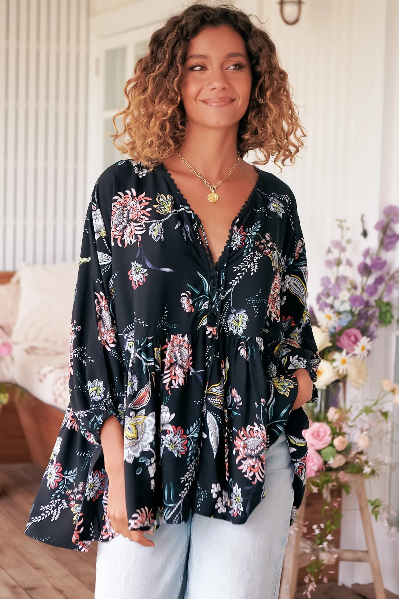 Chloe Top - Very Oversized Crochet Trim Neckline Smock Top in Under the Stars Print sold by Salty Crush