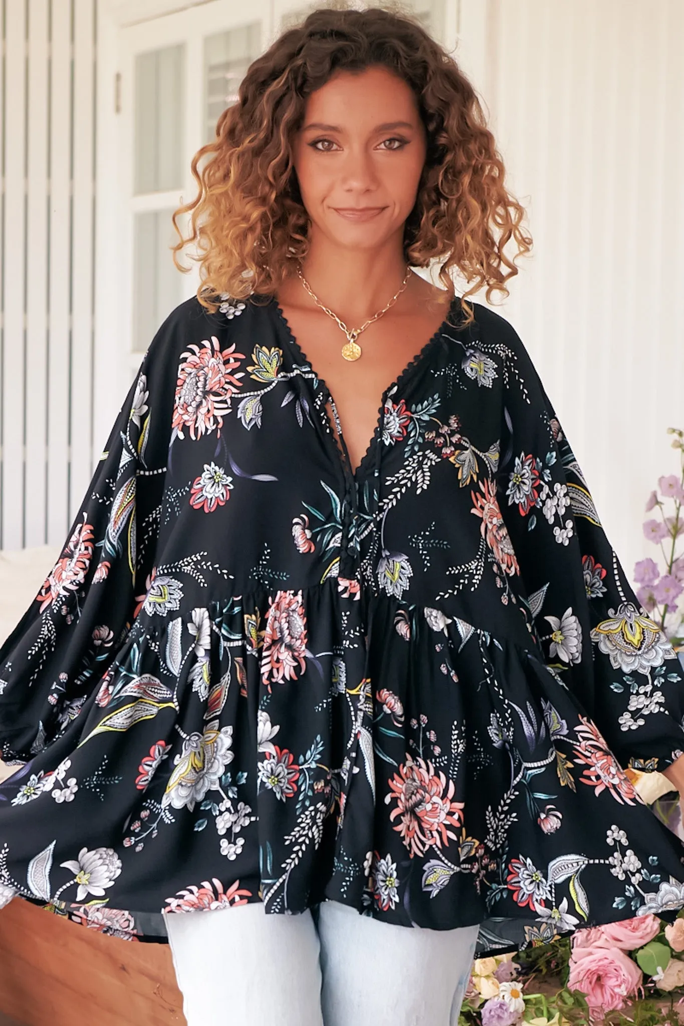 Chloe Top - Very Oversized Crochet Trim Neckline Smock Top in Under the Stars Print sold by Salty Crush product image thumbnail 5