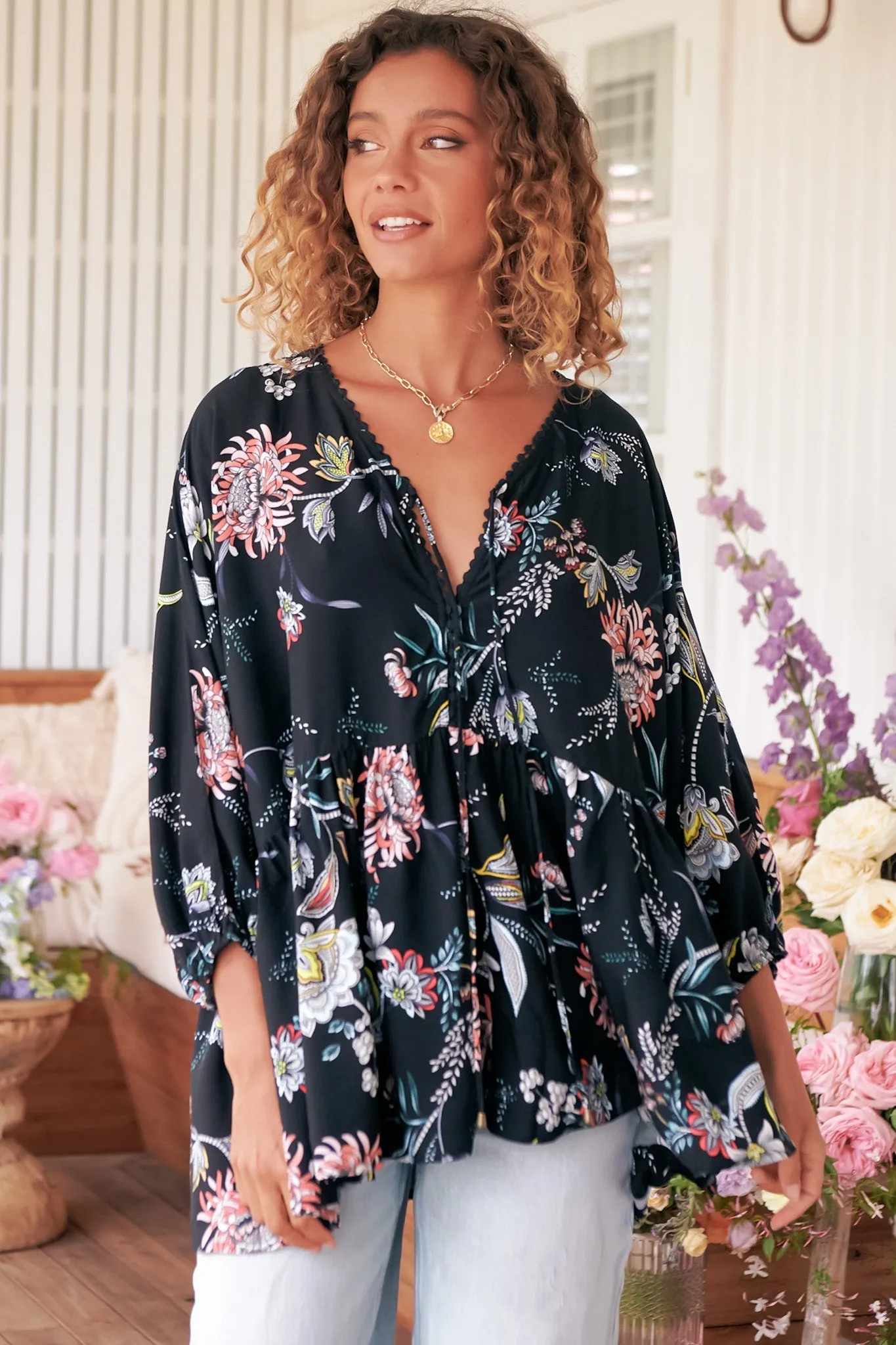 Chloe Top - Very Oversized Crochet Trim Neckline Smock Top in Under the Stars Print sold by Salty Crush product image thumbnail 3