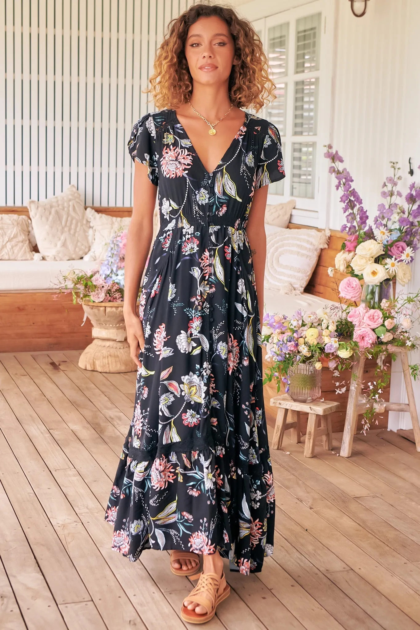 Carmen Maxi Dress - Butterfly Cap Sleeve Button Down A Line Dress with Lace Trim in Under the Stars Print sold by Salty Crush product image thumbnail 2