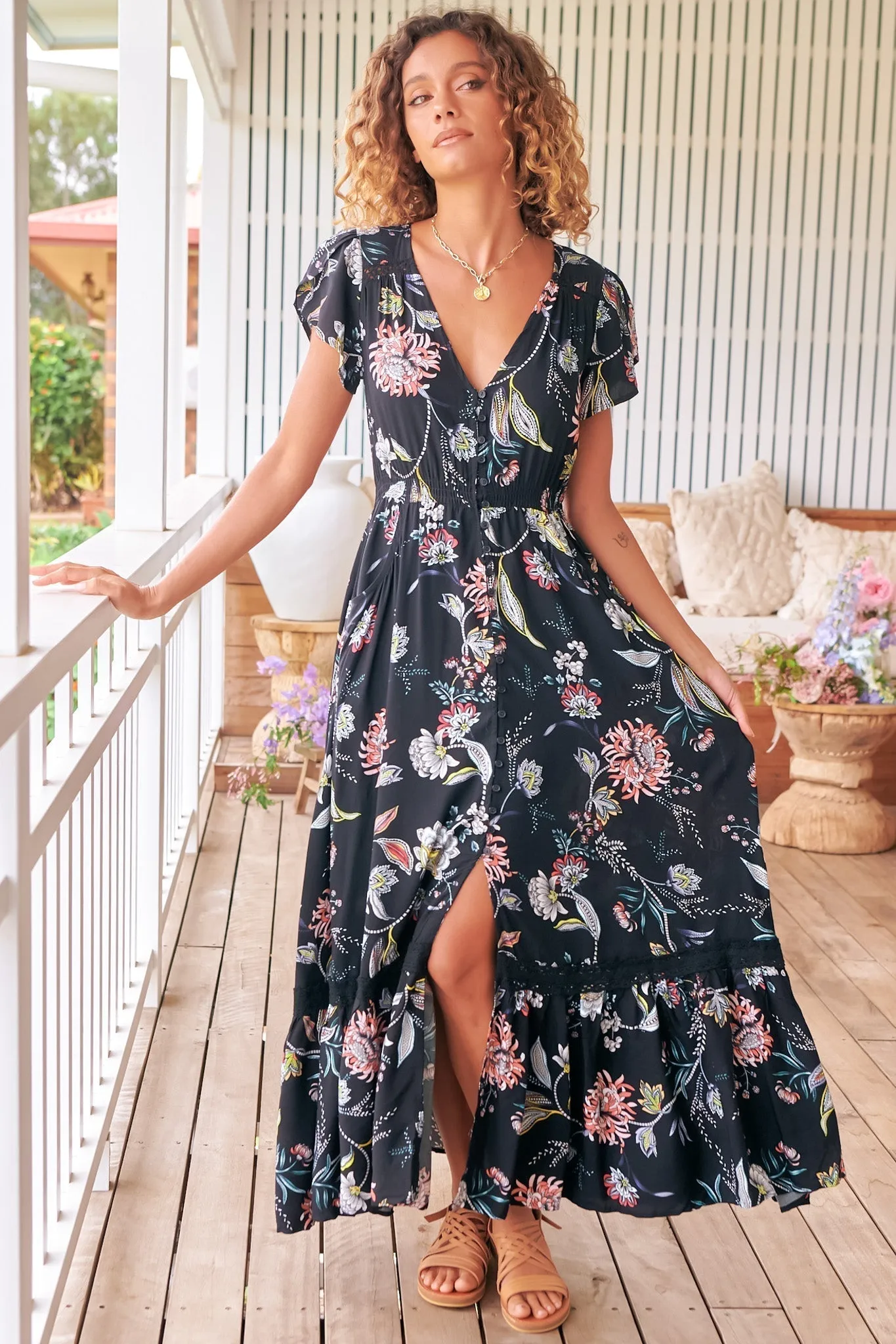 Carmen Maxi Dress - Butterfly Cap Sleeve Button Down A Line Dress with Lace Trim in Under the Stars Print sold by Salty Crush product image thumbnail 5