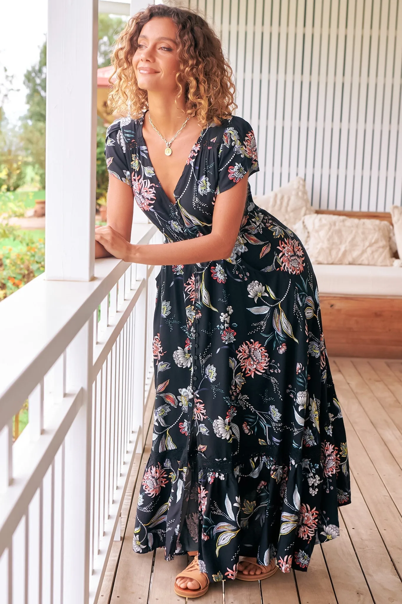 Carmen Maxi Dress - Butterfly Cap Sleeve Button Down A Line Dress with Lace Trim in Under the Stars Print sold by Salty Crush product image thumbnail 3