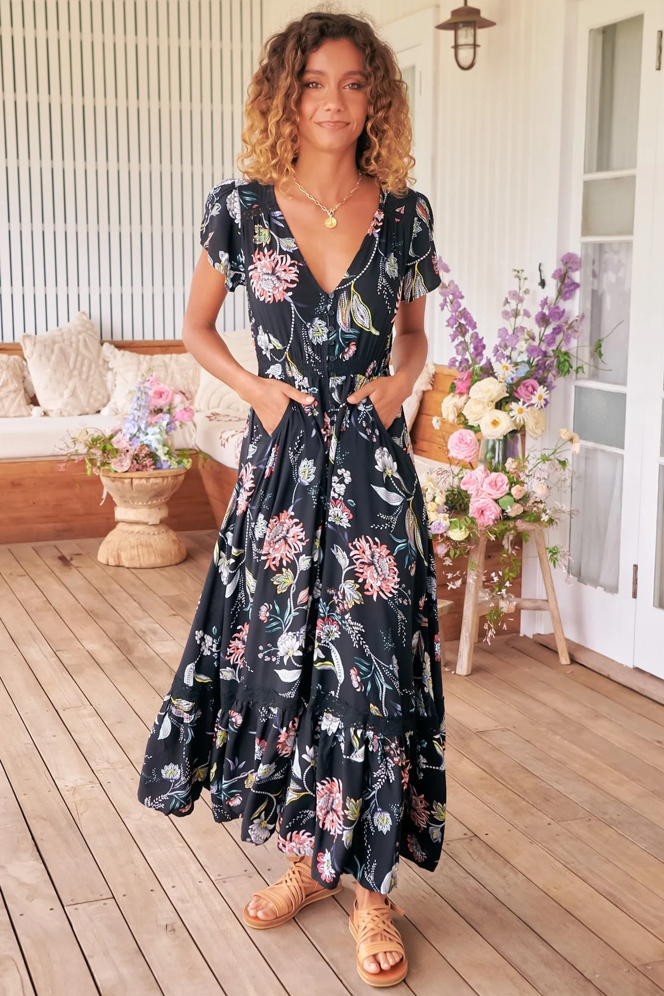 Carmen Maxi Dress - Butterfly Cap Sleeve Button Down A Line Dress with Lace Trim in Under the Stars Print sold by Salty Crush product image thumbnail 4