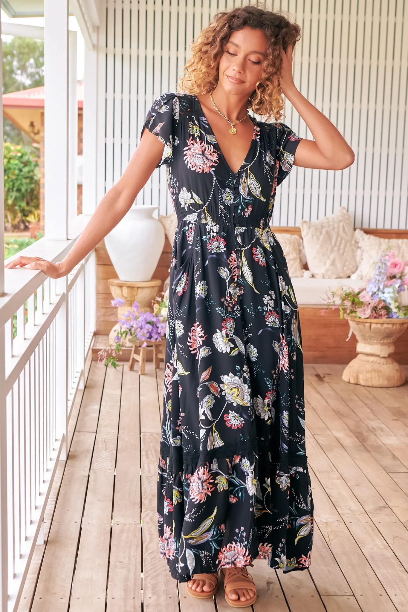 Carmen Maxi Dress - Butterfly Cap Sleeve Button Down A Line Dress with Lace Trim in Under the Stars Print sold by Salty Crush
