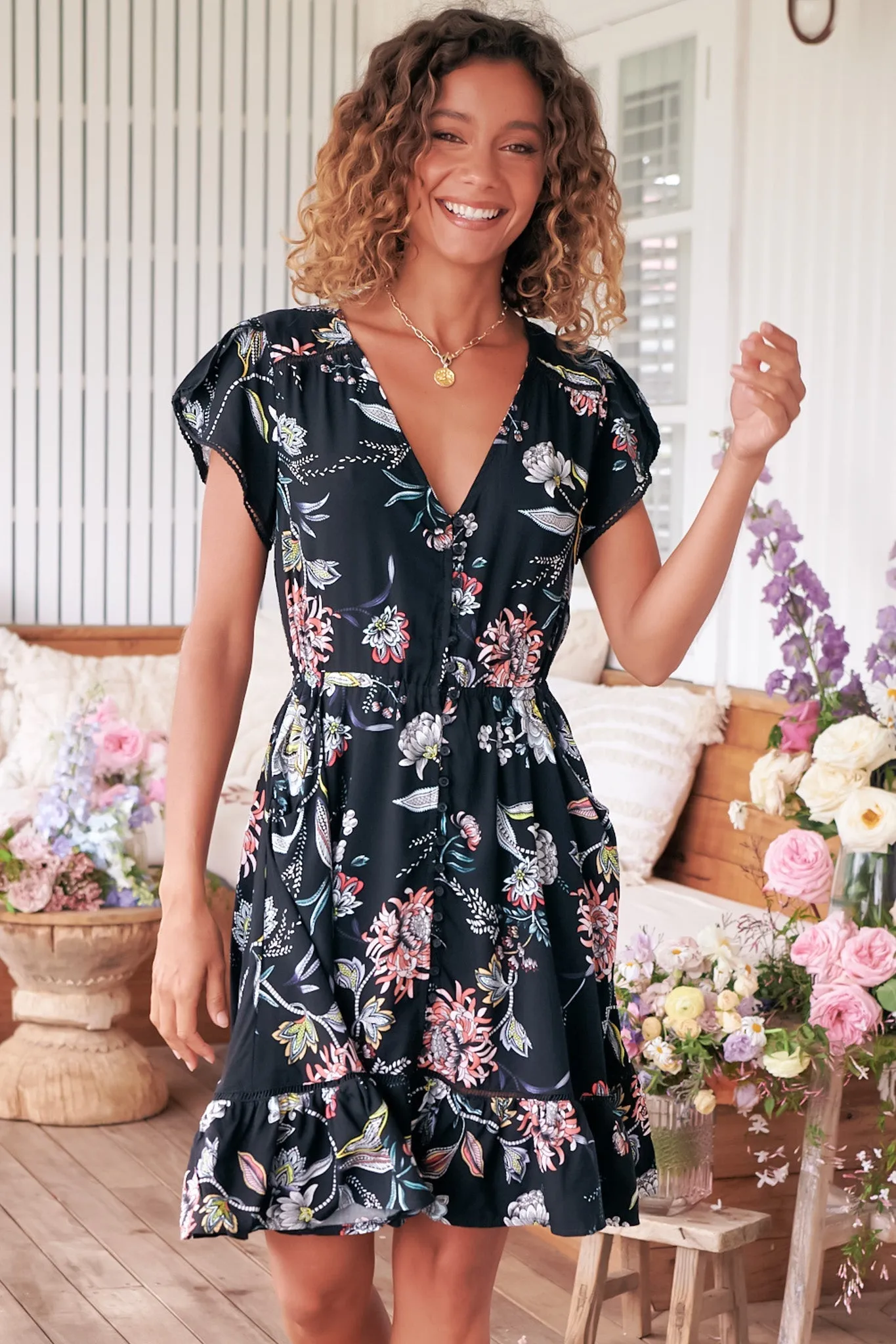 Lizzie Mini Dress - Butterfly Cap Sleeve Button Down Dress with Pockets in Under The Stars Print sold by Salty Crush product image thumbnail 3