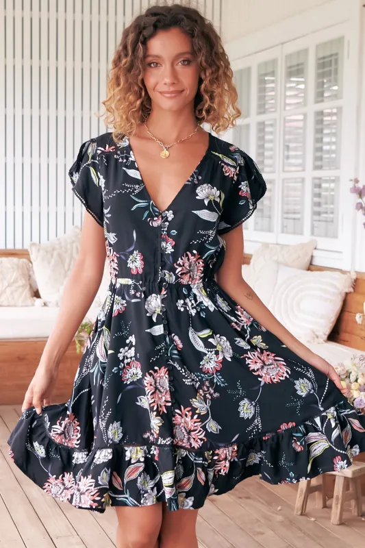 Lizzie Mini Dress - Butterfly Cap Sleeve Button Down Dress with Pockets in Under The Stars Print sold by Salty Crush