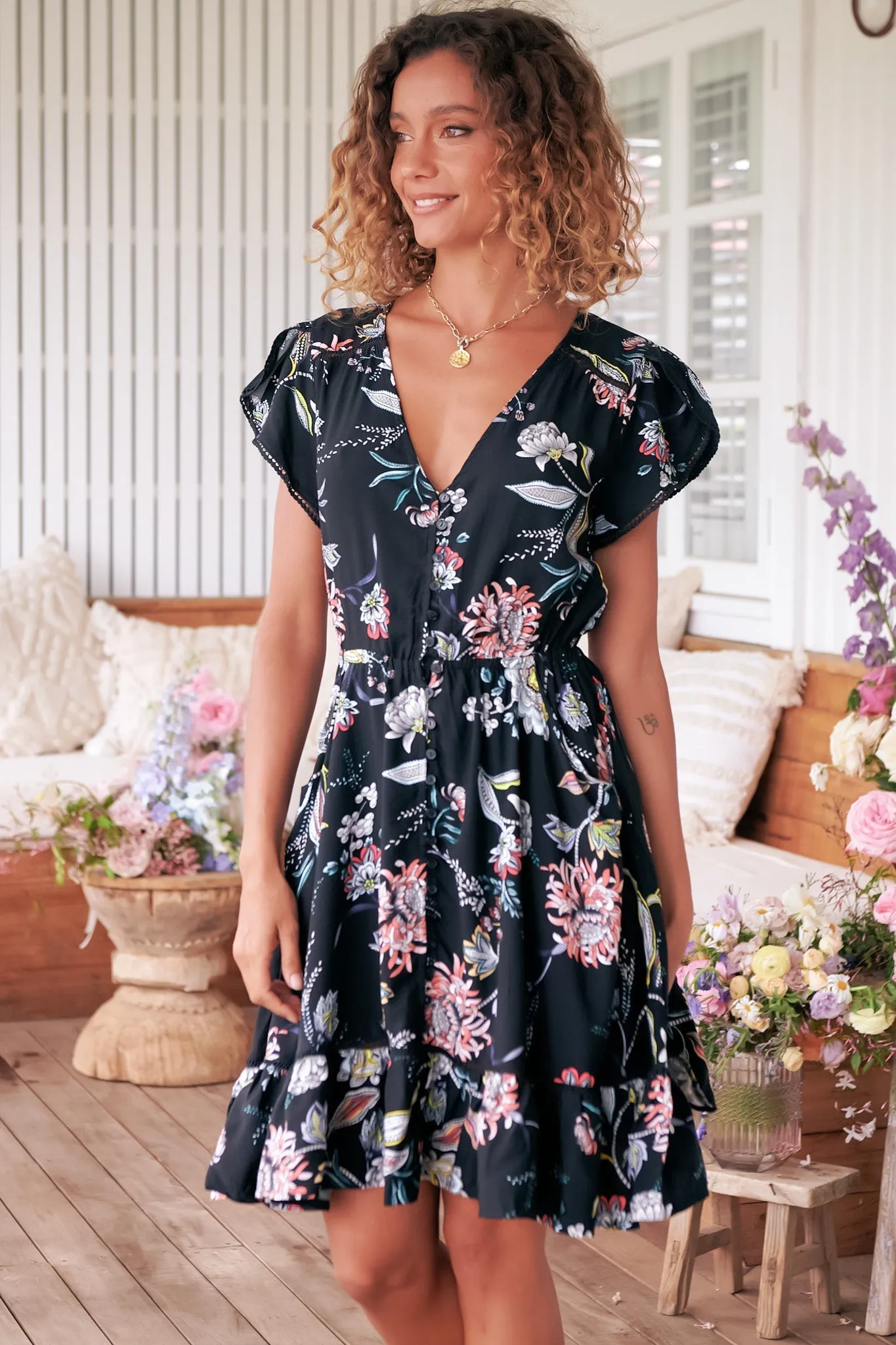 Lizzie Mini Dress - Butterfly Cap Sleeve Button Down Dress with Pockets in Under The Stars Print sold by Salty Crush product image thumbnail 4