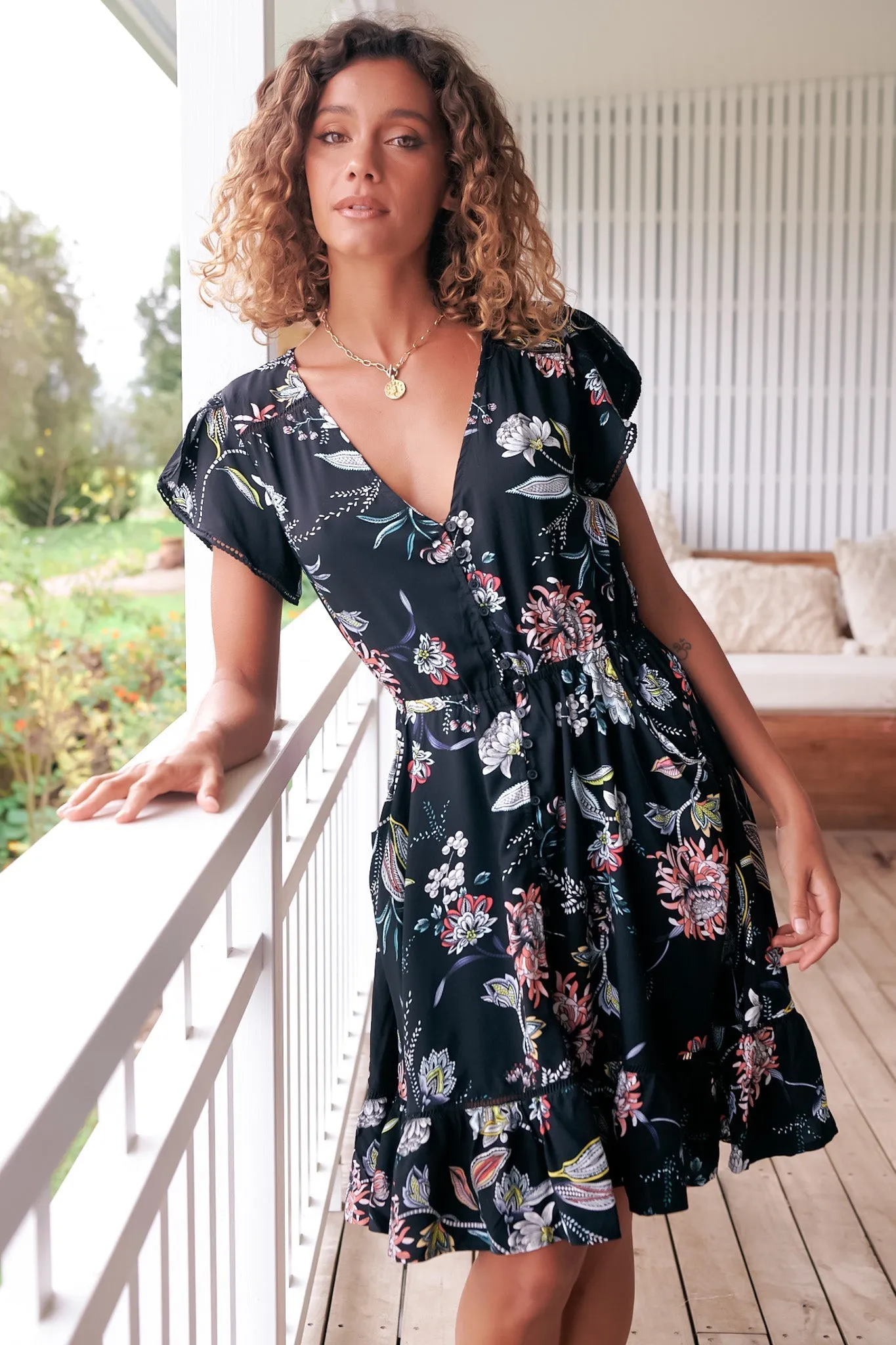 Lizzie Mini Dress - Butterfly Cap Sleeve Button Down Dress with Pockets in Under The Stars Print sold by Salty Crush product image thumbnail 2