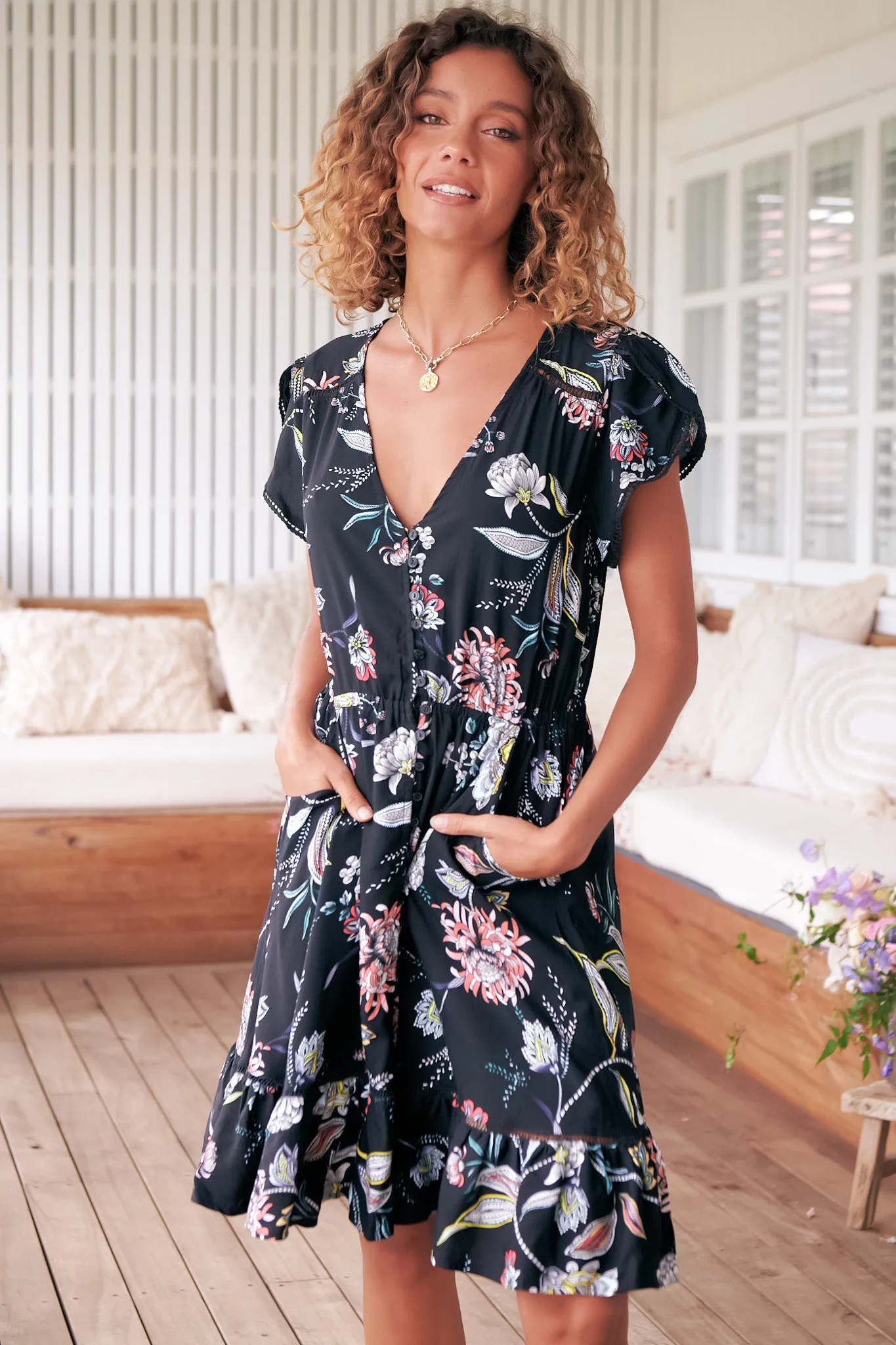 Lizzie Mini Dress - Butterfly Cap Sleeve Button Down Dress with Pockets in Under The Stars Print sold by Salty Crush product image thumbnail 5