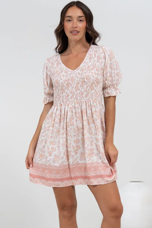 Brissa Mini Dress - V-Neck Shirred Bodice Balloon Sleeve Dress in Narelle Print sold by Salty Crush