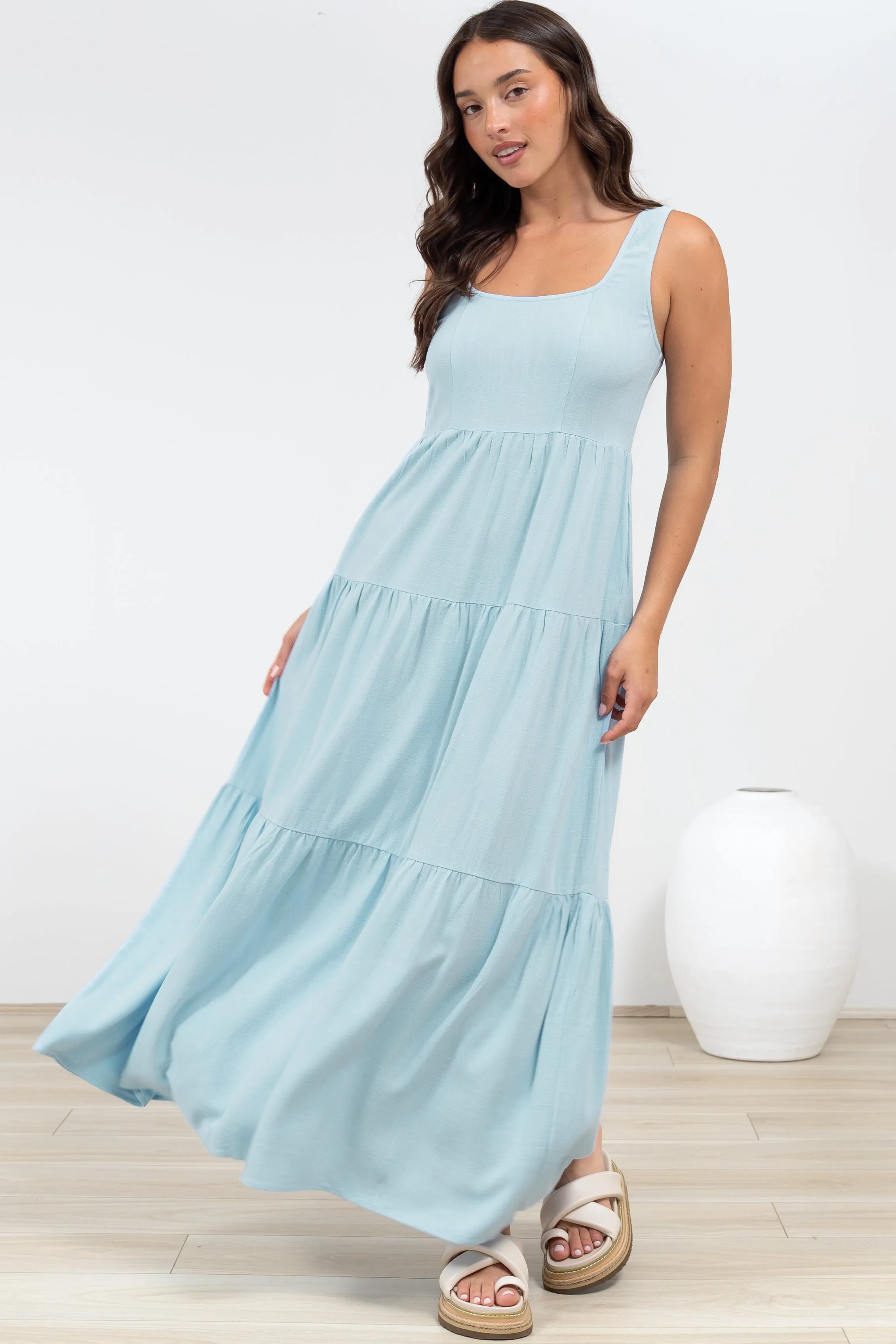 Arielle Maxi Dress - Square Neckline Tiered Dress with Pockets in Light Blue sold by Salty Crush product image thumbnail 3