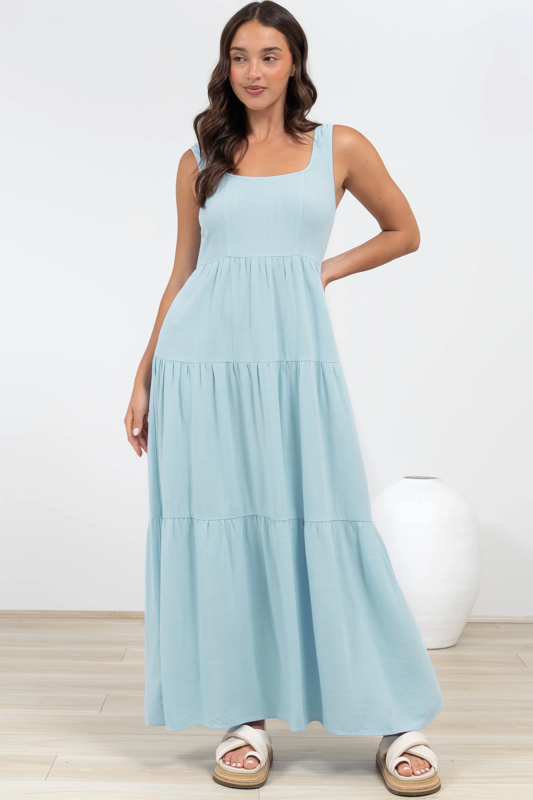 Arielle Maxi Dress - Square Neckline Tiered Dress with Pockets in Light Blue sold by Salty Crush product image thumbnail 4