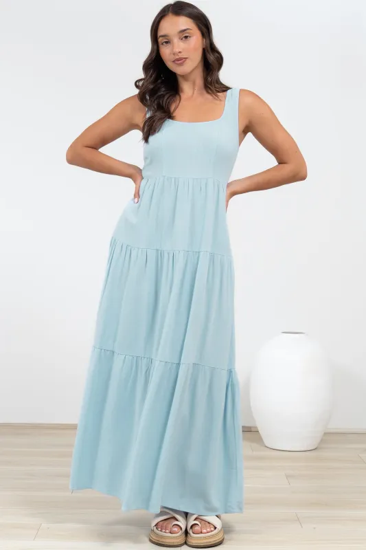 Arielle Maxi Dress - Square Neckline Tiered Dress with Pockets in Light Blue sold by Salty Crush