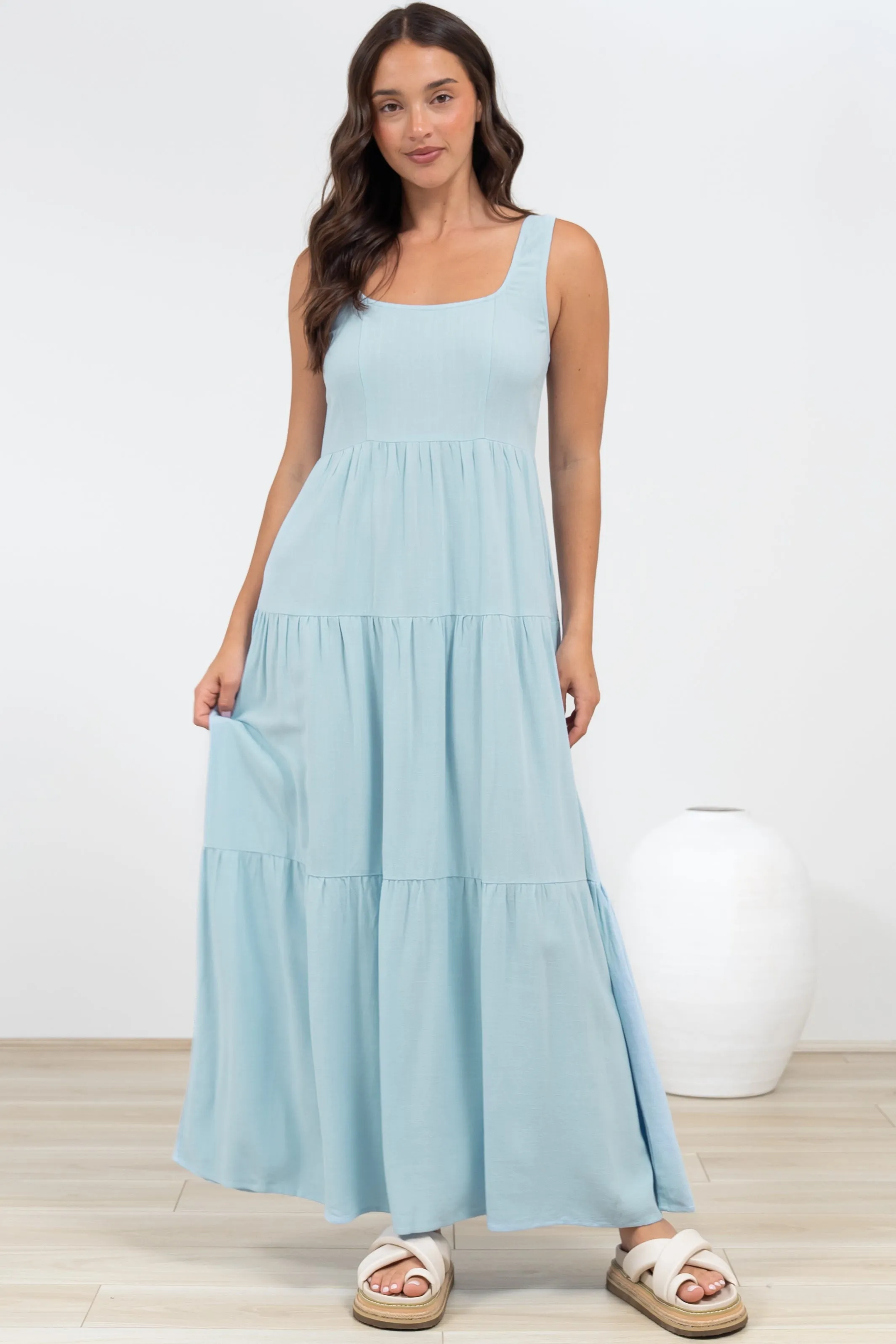 Arielle Maxi Dress - Square Neckline Tiered Dress with Pockets in Light Blue sold by Salty Crush product image thumbnail 5