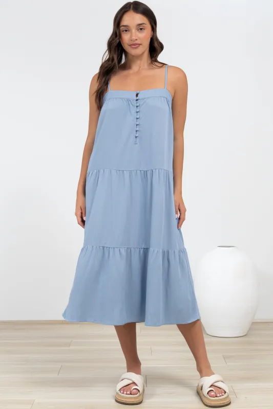 Fintan Midi Dress - Sqaure Neckline Tiered Sun Dress in Blue sold by Salty Crush