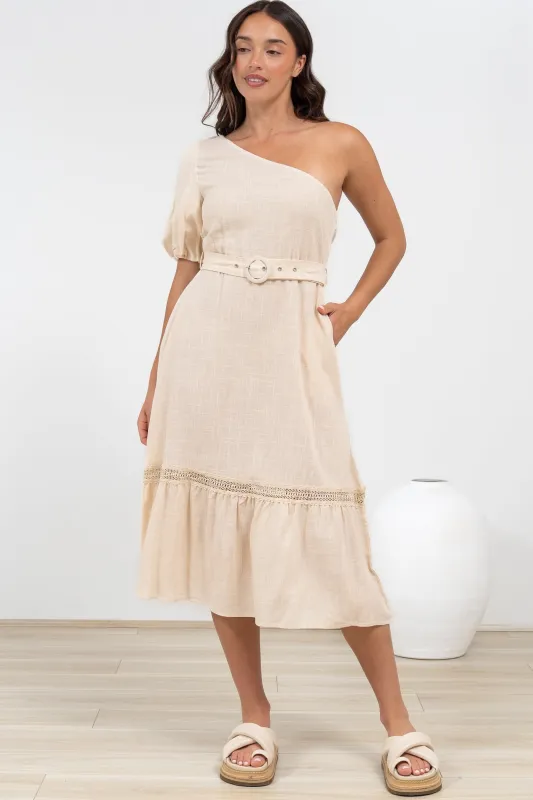 Penelope Midi Dress - Asymmetric One Shoulder Dress with Matching Belt in Oatmeal sold by Salty Crush