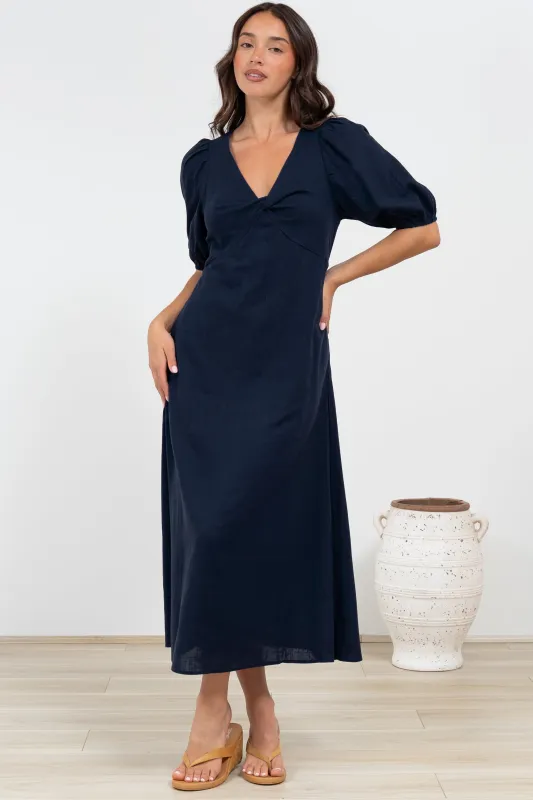 Brie Midi Dress - V-Neck Empire Line Dress with Pockets in Navy sold by Salty Crush