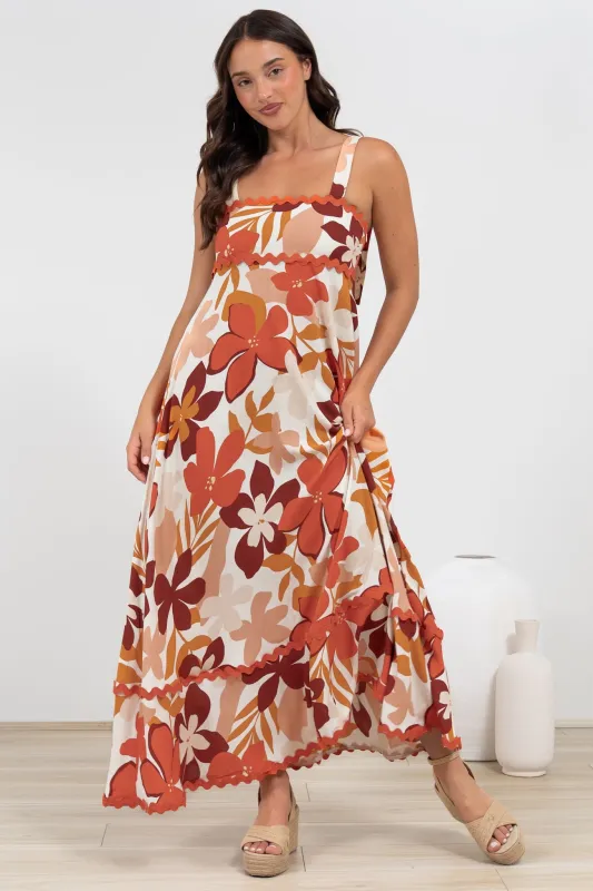 Costa Maxi Dress - Tie Up Strap Tiered Dress with Ric Rac Splicing in Tangie Print sold by Salty Crush